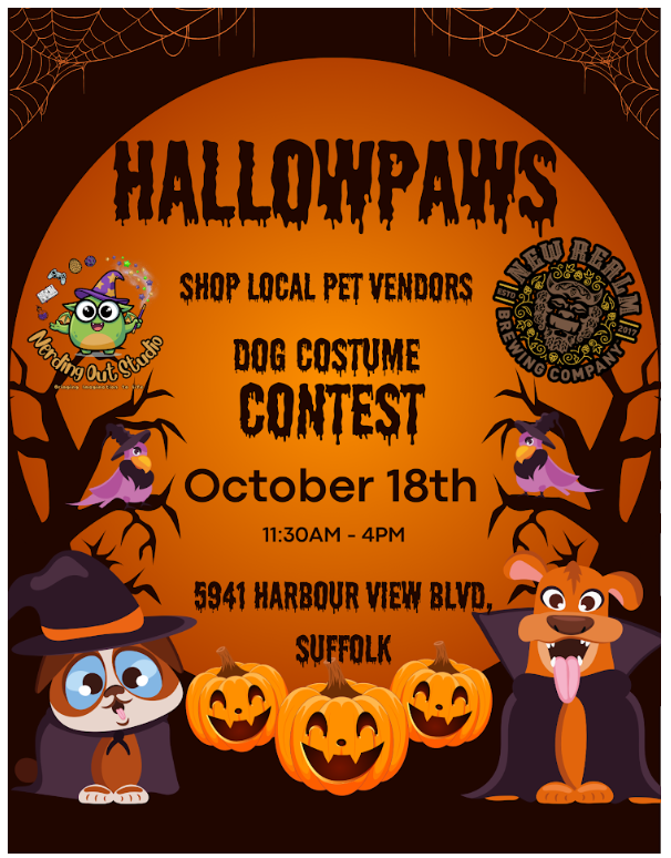 HallowPaws dog costume contest event flyer for October 18th, 11:30AM-4PM at 5941 Harbour View Blvd, Suffolk.