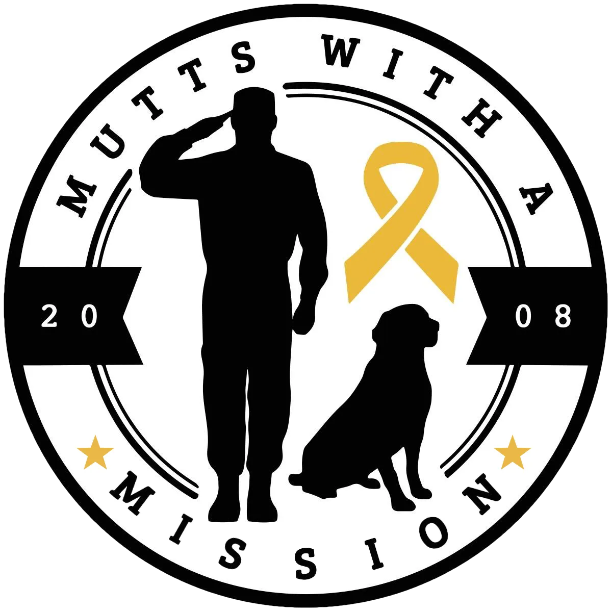 Mutts With A Mission logo featuring a soldier saluting beside a dog with a gold ribbon, est. 2008.