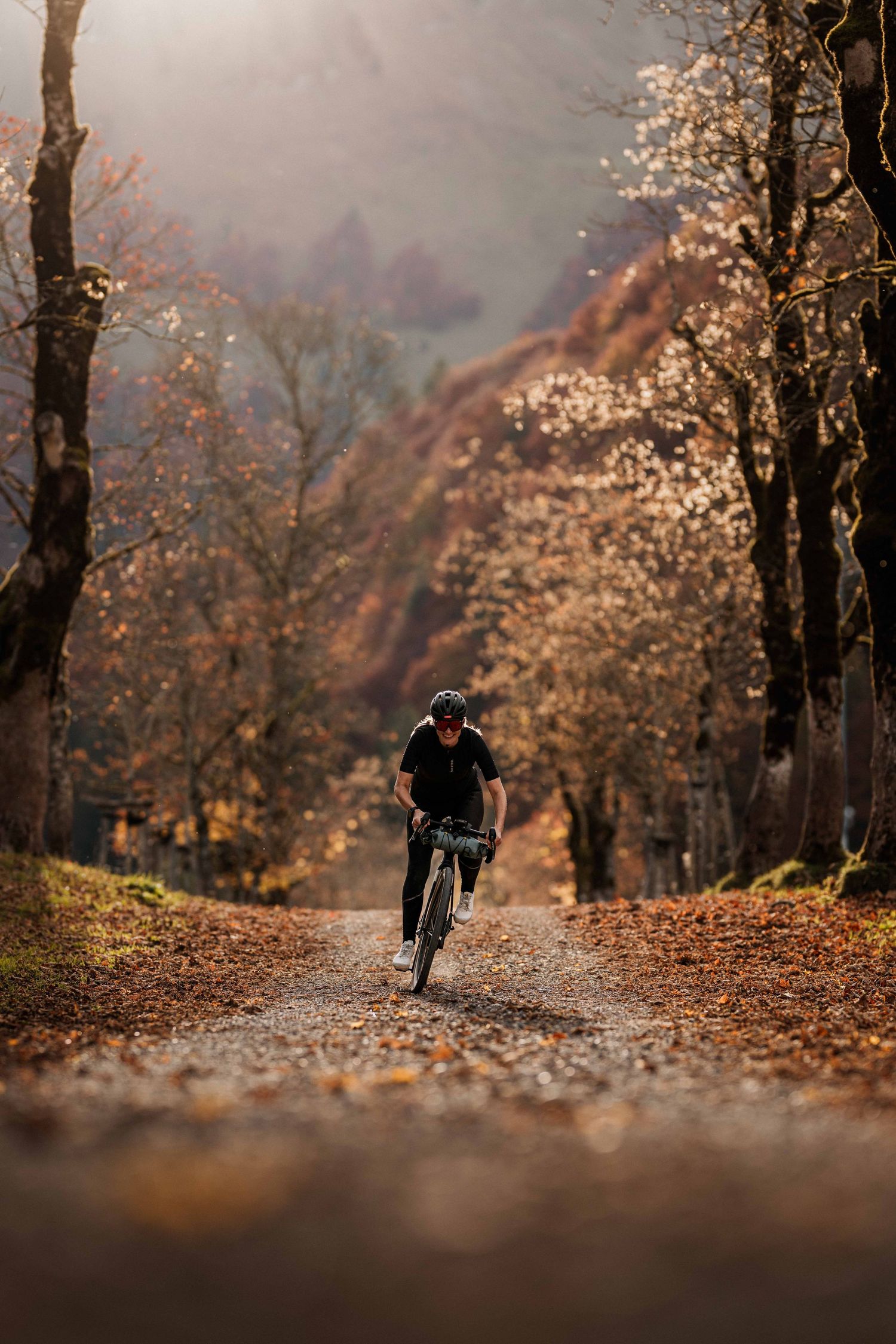A cyclist rides through a scenic autumn forest path covered in fallen leaves during golden hour.