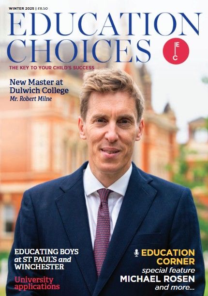Magazine cover design showing education-themed text and layout elements with red and blue color scheme.