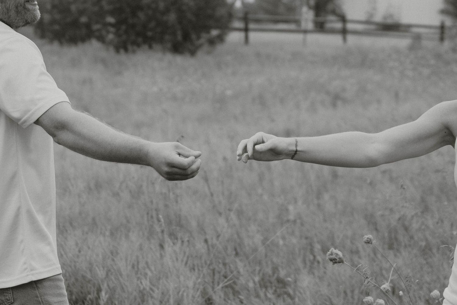 Black and white photo of a couple reaching toward each other in a grassy field.