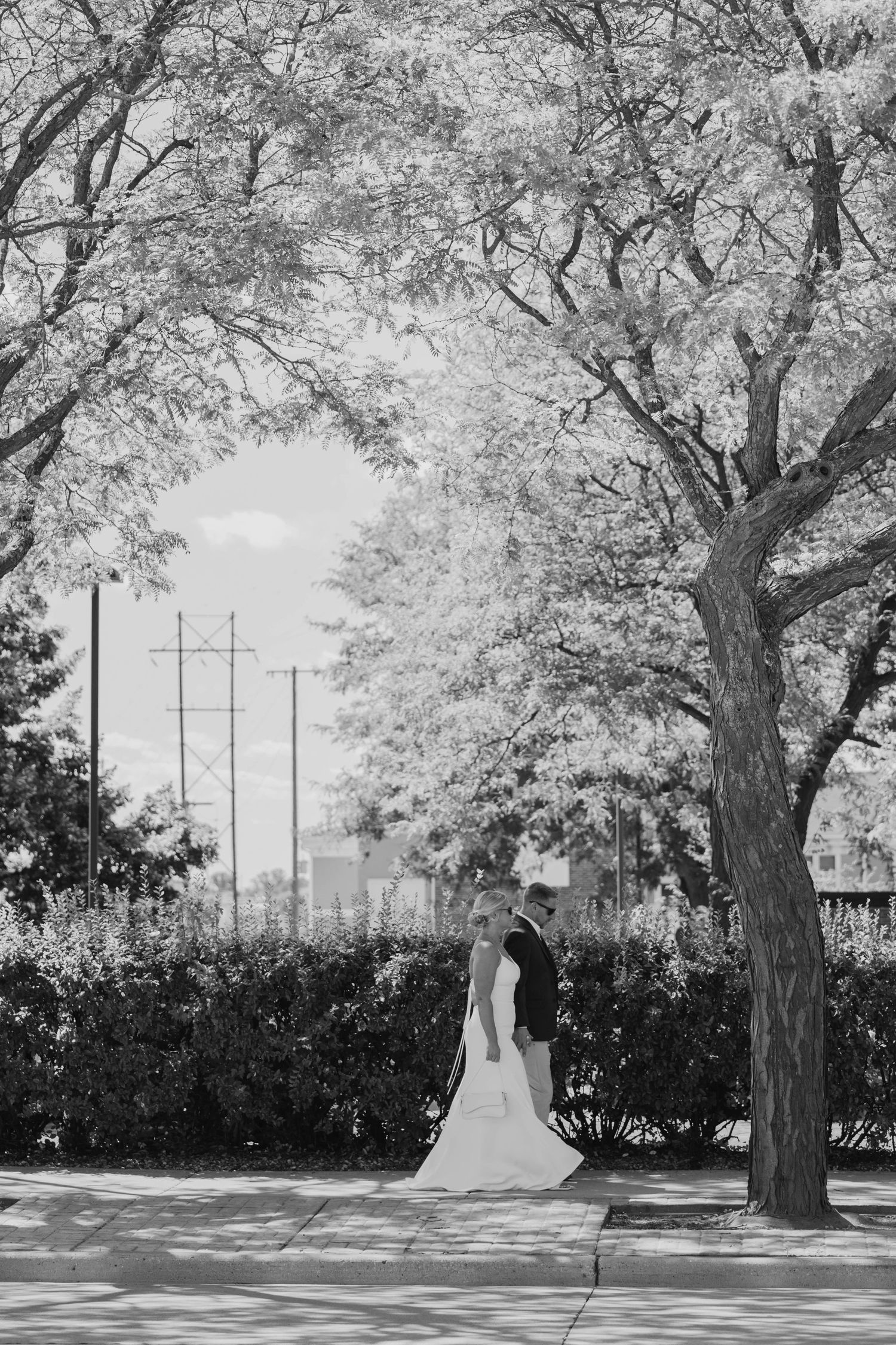Black and white photo of bride and groom standing under trees on wedding day.