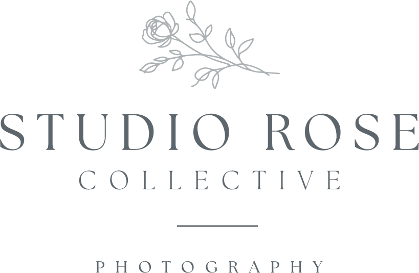 Studio Rose Collective Photography logo with elegant rose botanical illustration in soft gray tones.