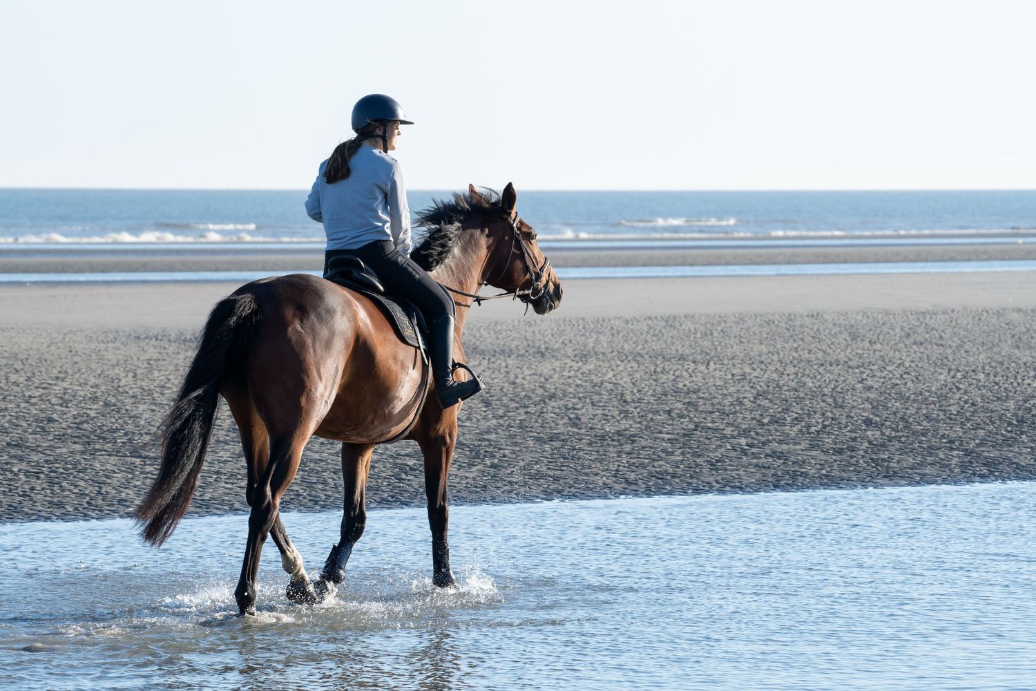 Group horseback riding through shallow ocean water at the beach.