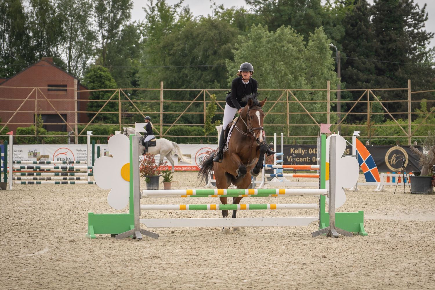 Horse and rider clearing a show jumping fence in outdoor arena competition.
