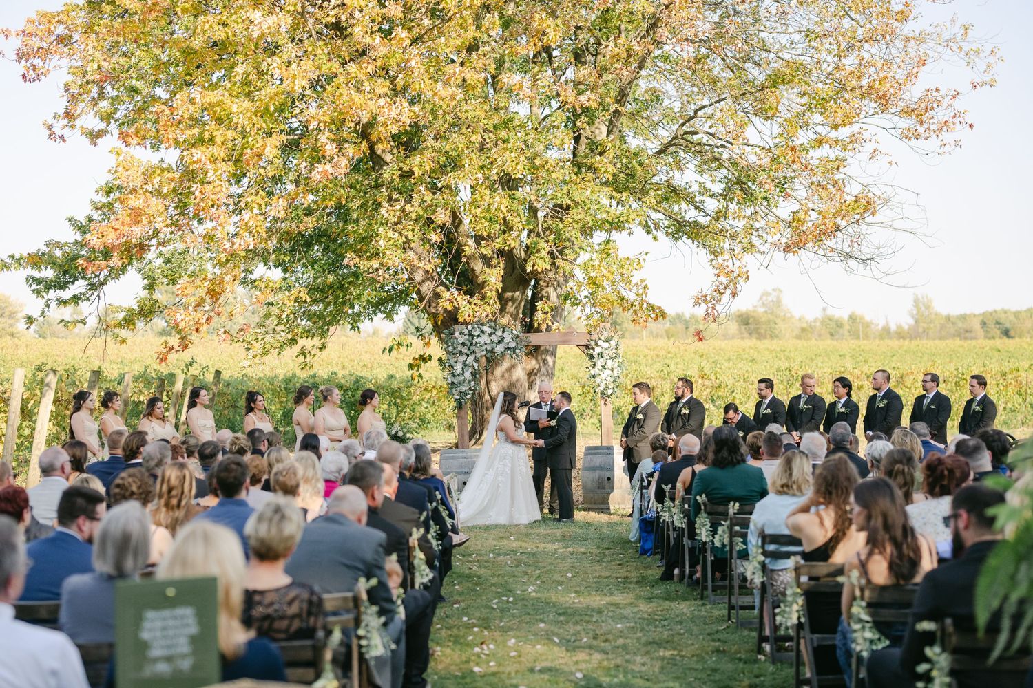 Outdoor wedding ceremony under a large autumn tree with guests seated in rows and couple at floral altar. - Youngblood Vineyard Wedding