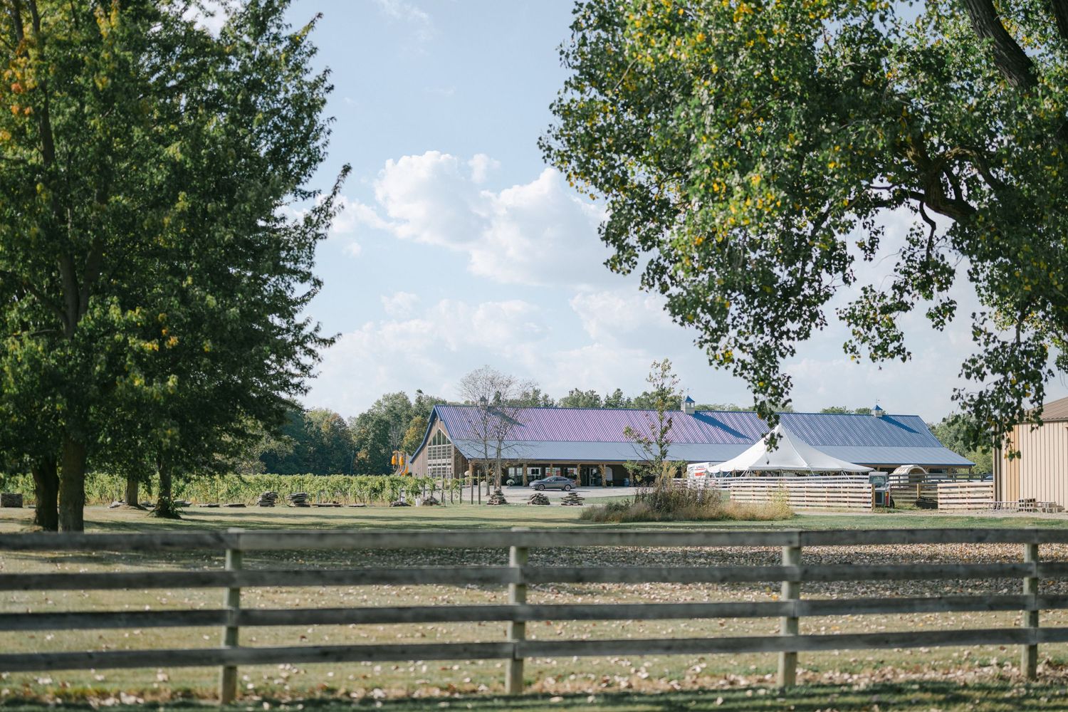Rustic farm venue with purple-roofed barn and white tent surrounded by trees and wooden fence. - Youngblood Vineyard Wedding