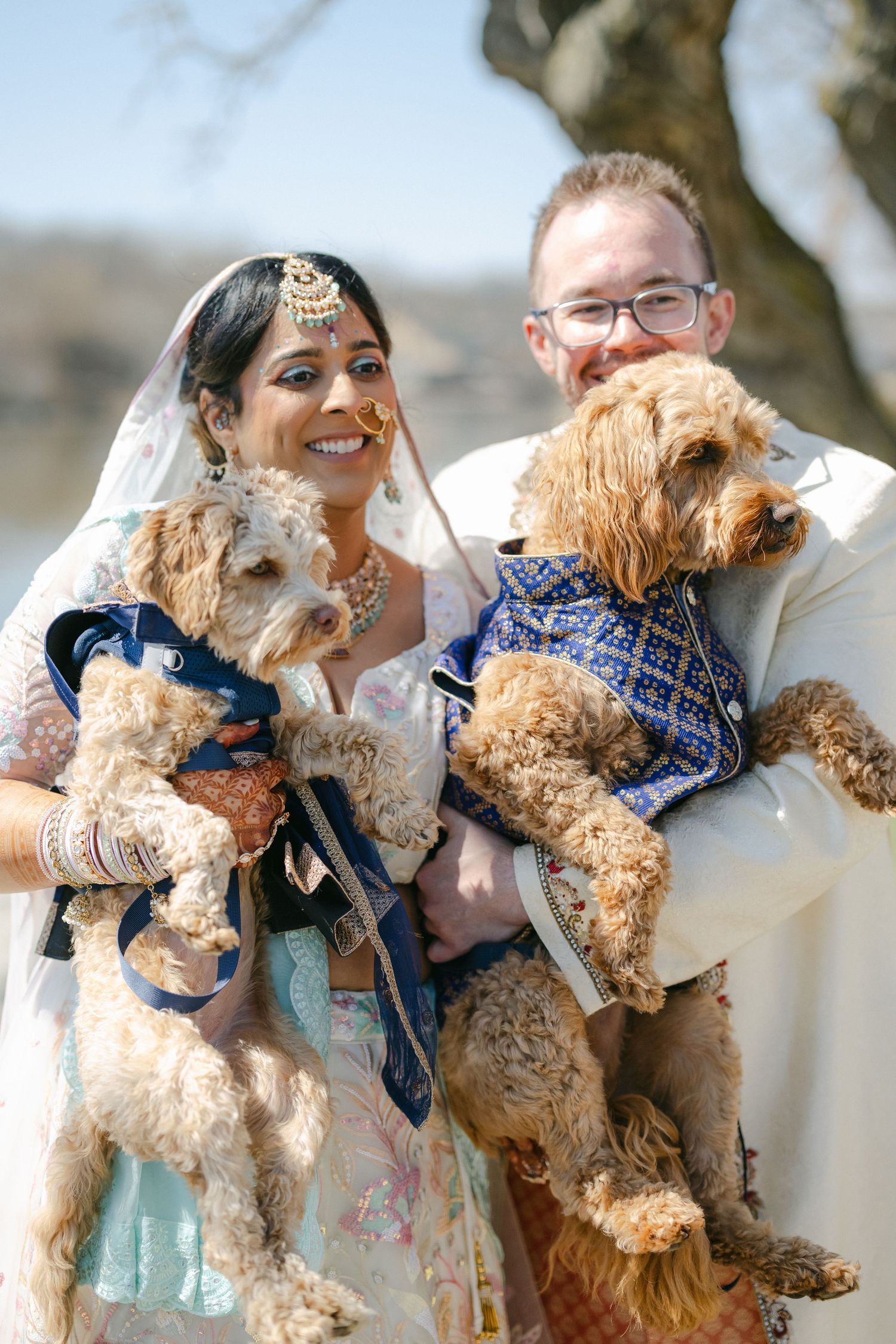 The Brix on the Fox Wedding - A couple shares joyful moments with their fluffy goldendoodle dog wearing a blue bandana in a photo series.