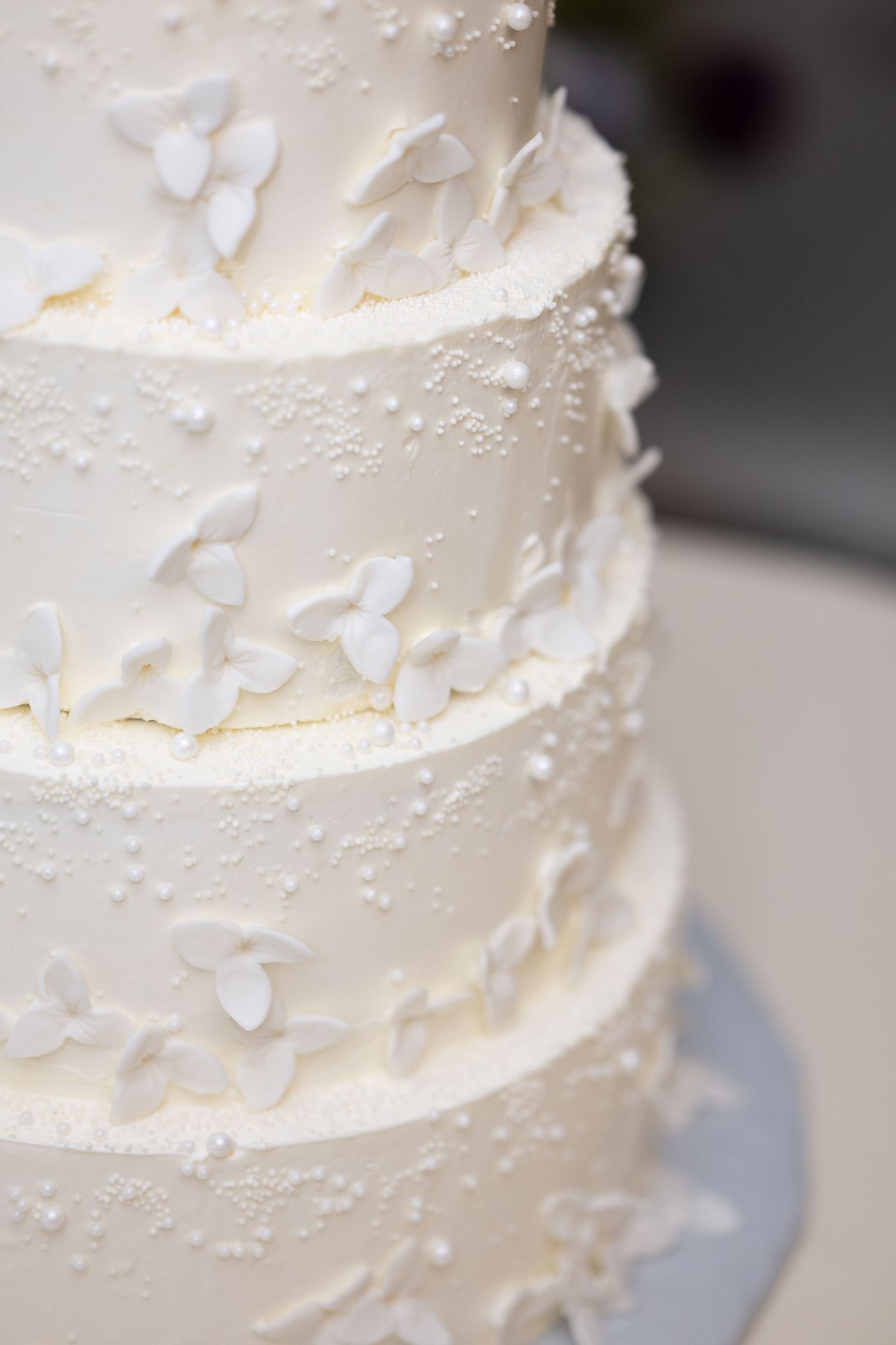 Close-up detail of a white wedding cake with delicate textured frosting pattern and smooth horizontal lines. - Meyer's Castle Events