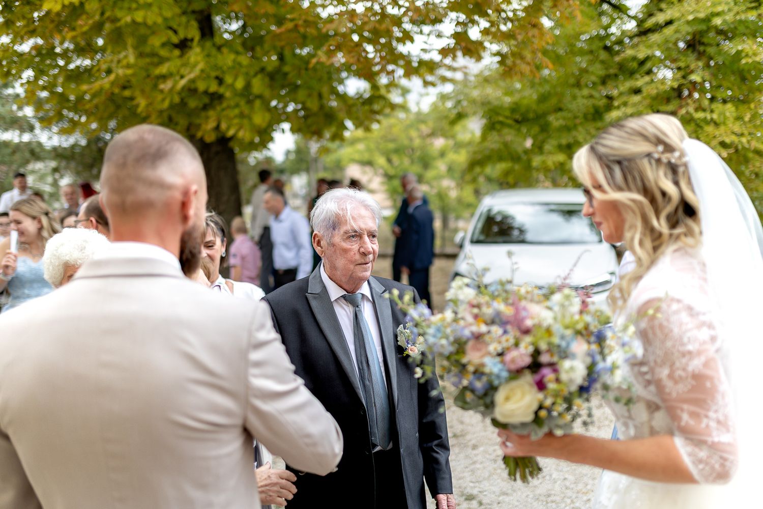 Wedding guests mingle and socialize outdoors during a sunny garden reception with lush green trees in the background.