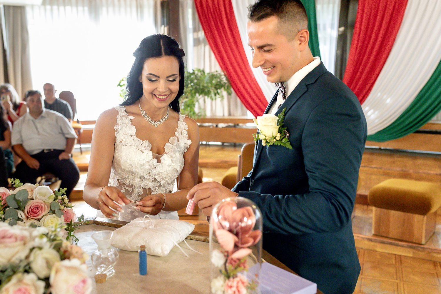 A collage of wedding ceremony moments showing couples signing documents and exchanging rings in a decorated venue.