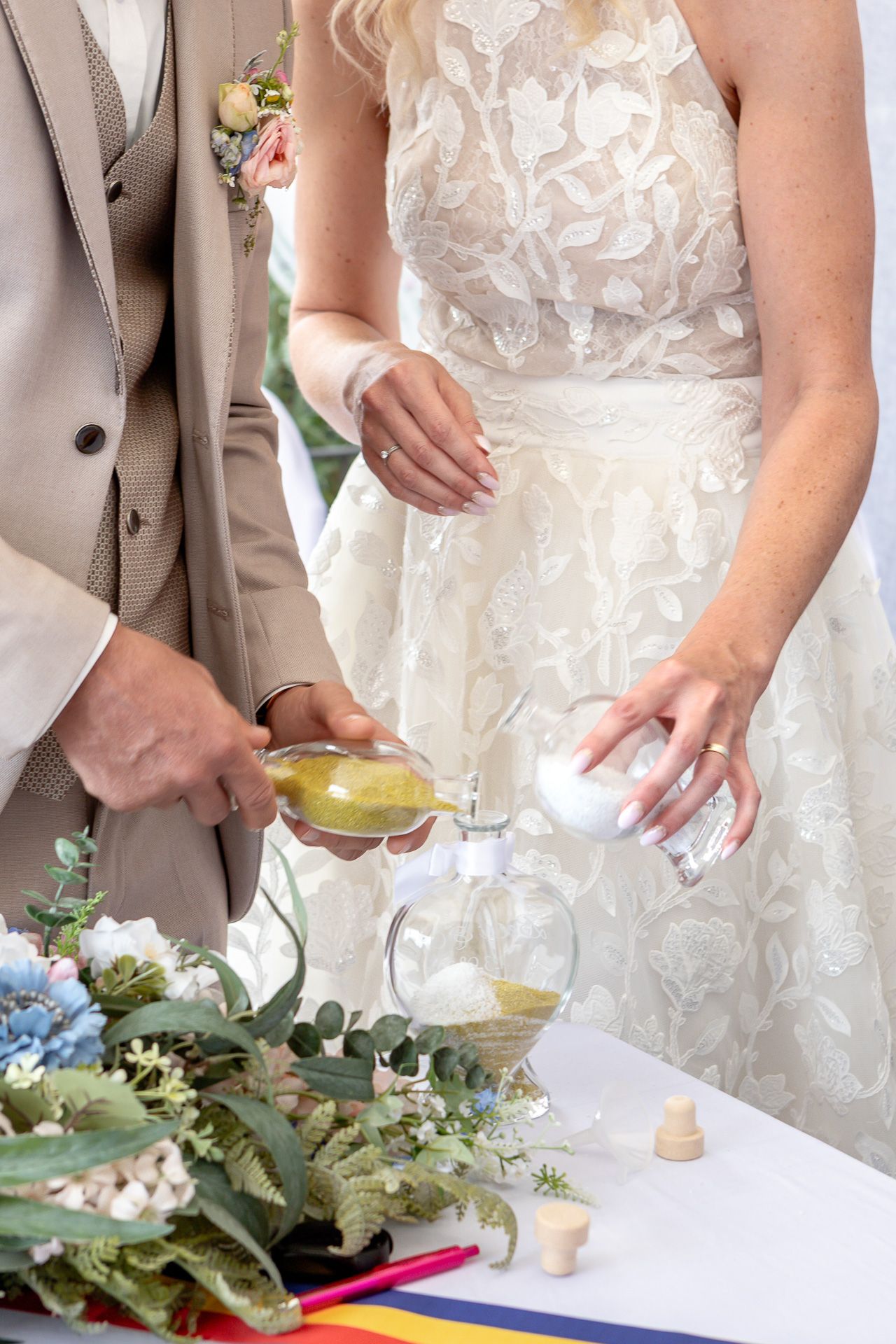 Close-up series showing hands in white dress preparing food on a cutting board with green vegetables.
