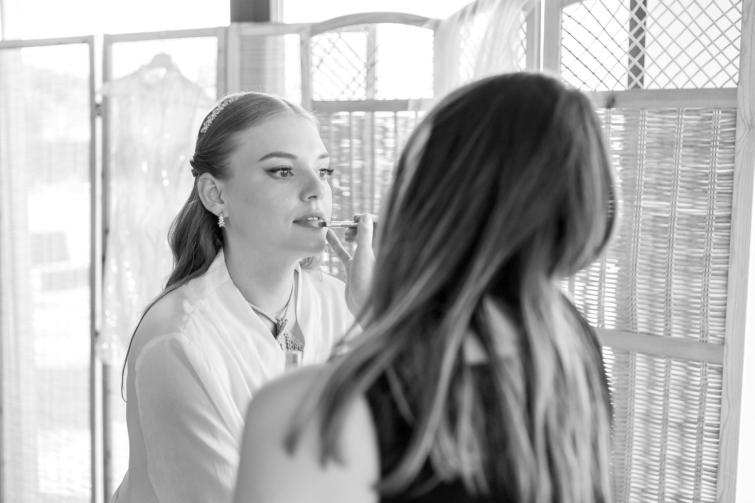 Black and white portrait series showing interactions between two people.