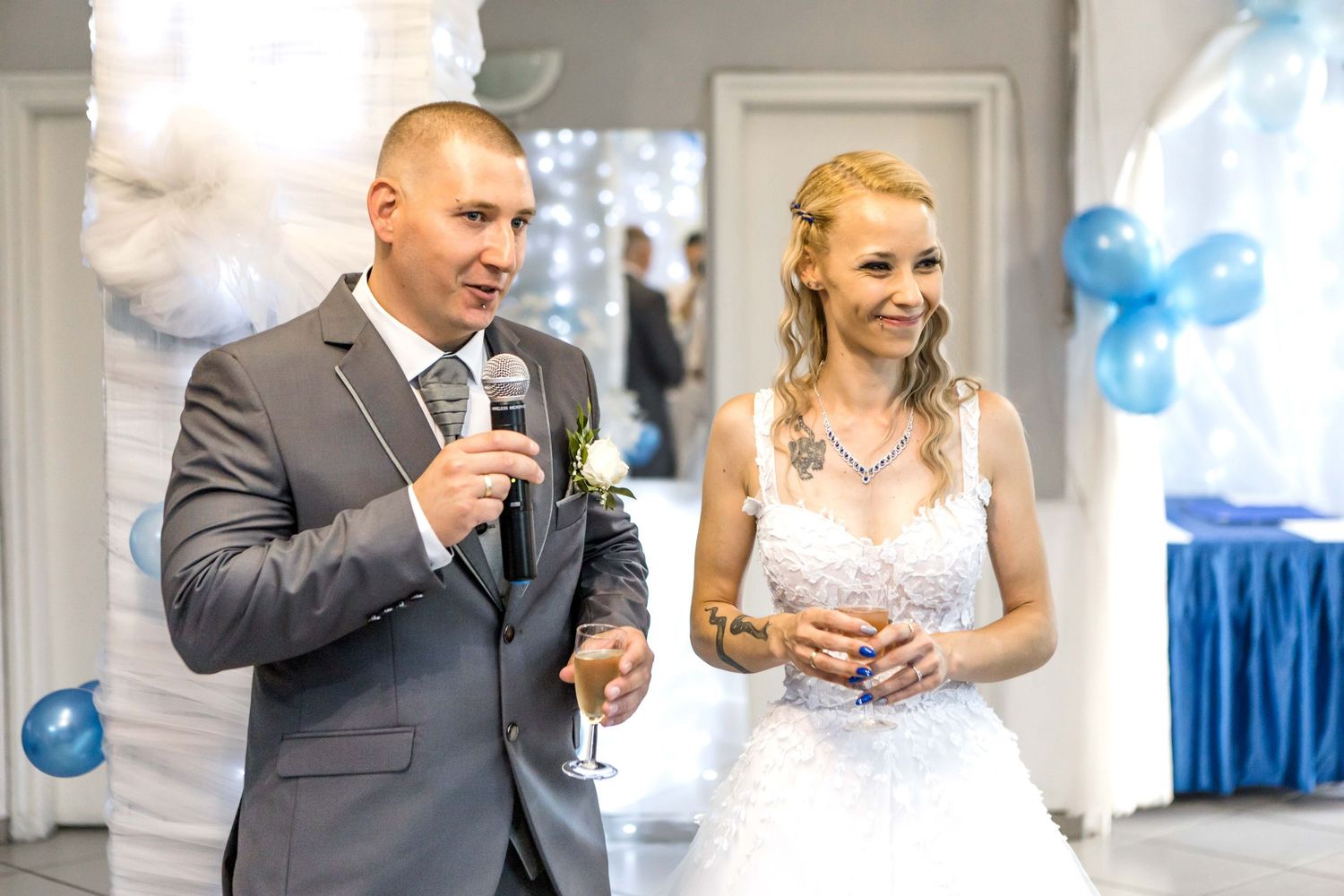 Collage of wedding celebration moments showing couples toasting with champagne glasses in an elegant indoor venue.
