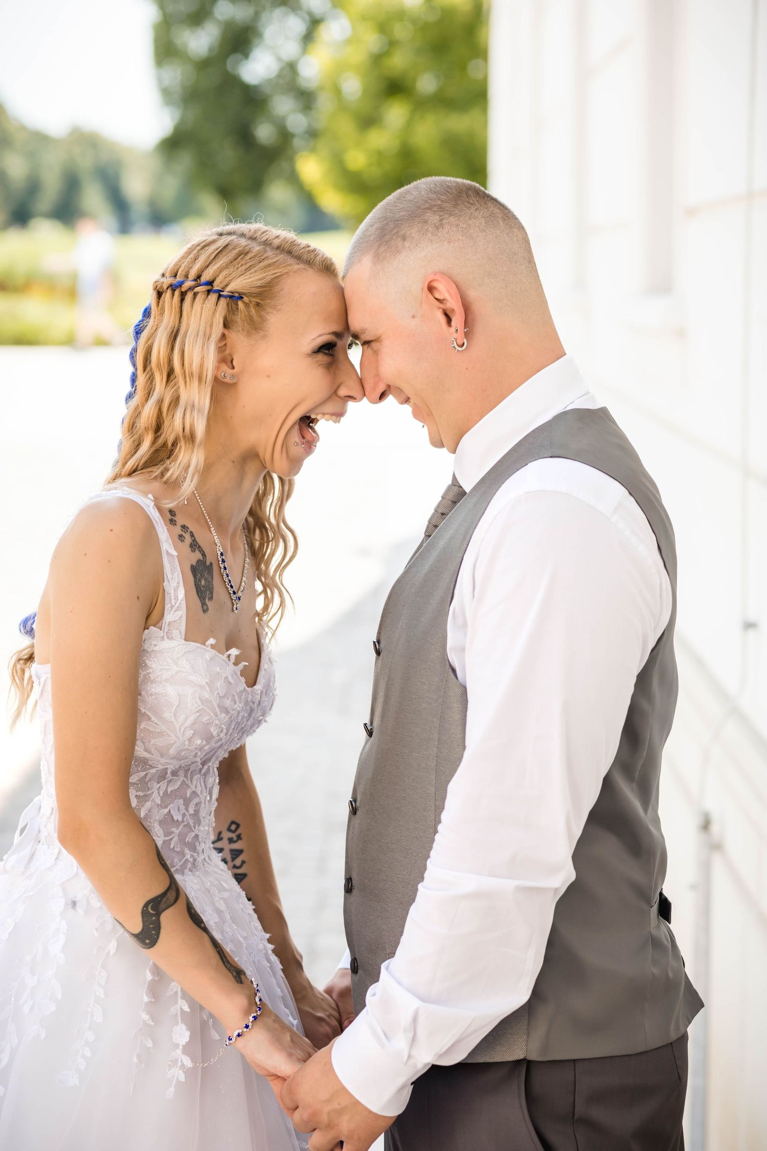 A romantic wedding sequence shows a couple in formal attire sharing intimate moments together outdoors.