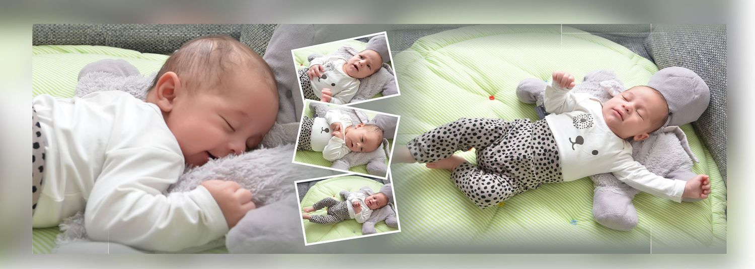 A photo collage of a sleeping baby with multiple images arranged in a banner style layout.