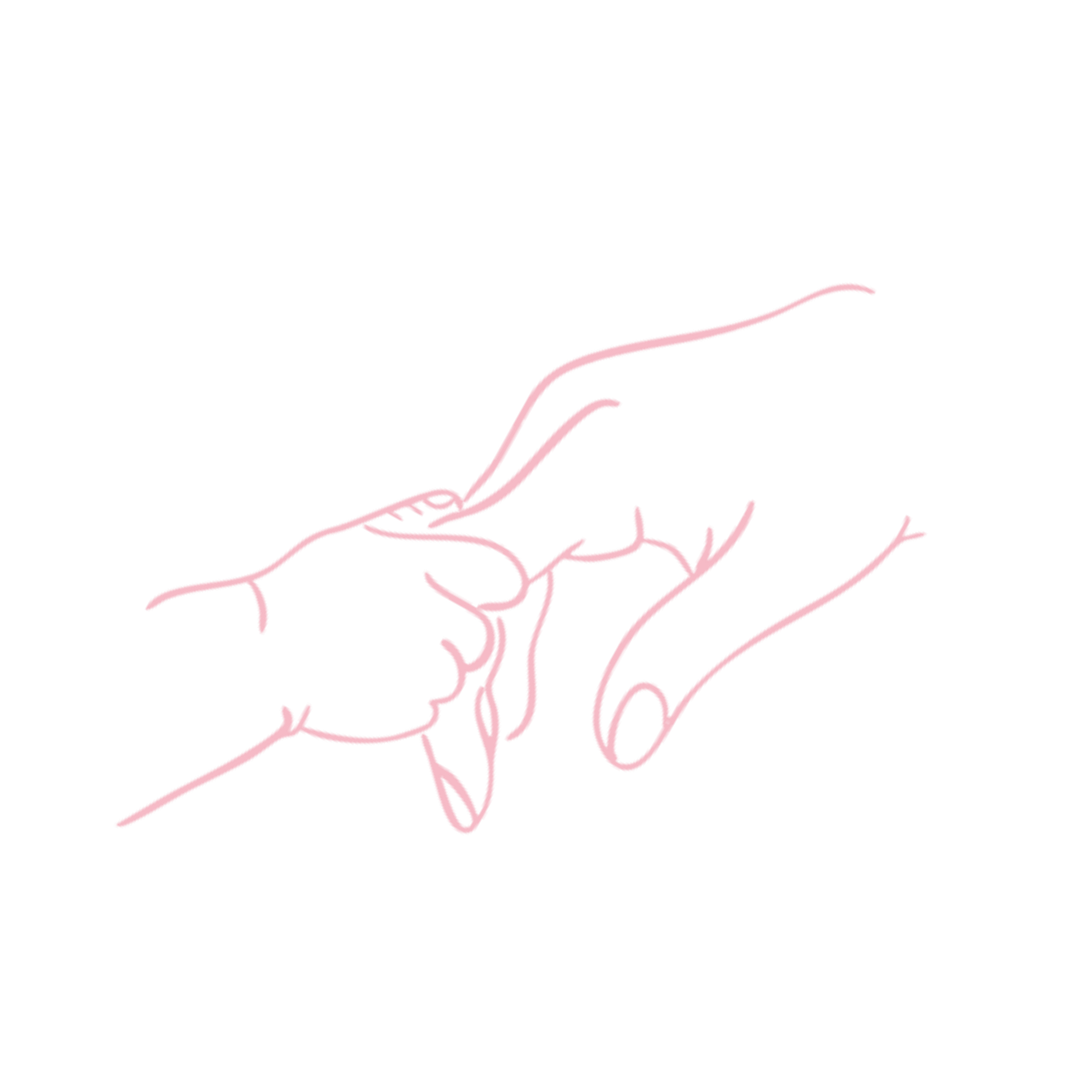 Delicate pink line drawing of a hand reaching outward with a flowing, minimalist artistic style.