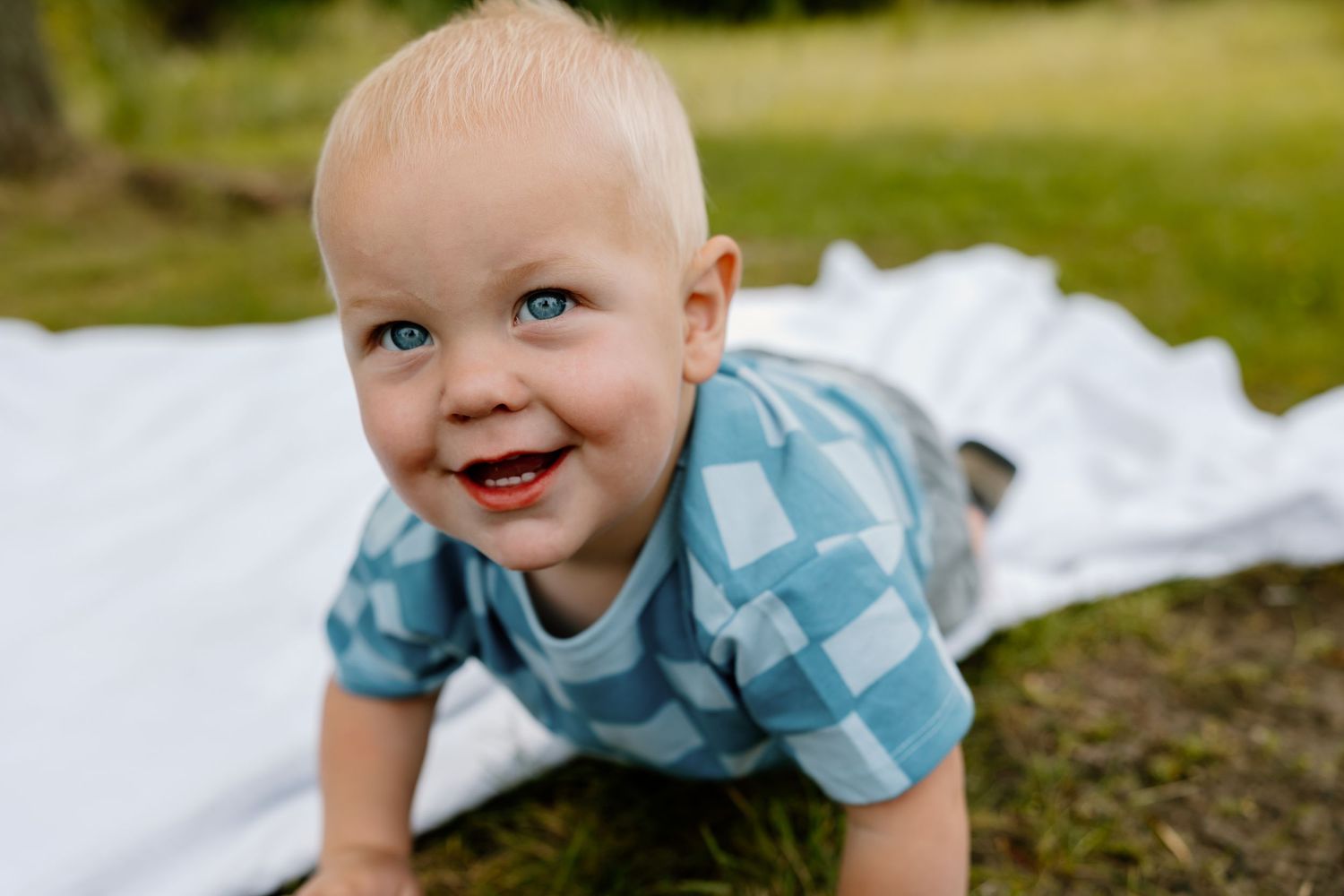 Young child wearing blue and white checkered shirt crawling on grassy ground.