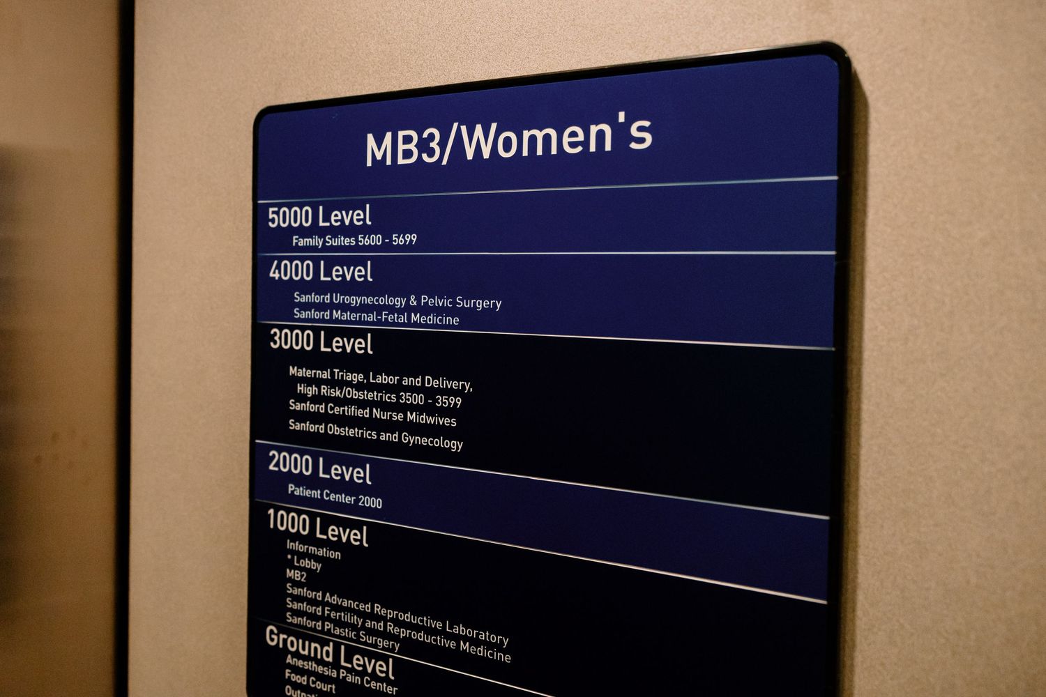 Hospital wayfinding sign showing different levels and departments in blue and white.