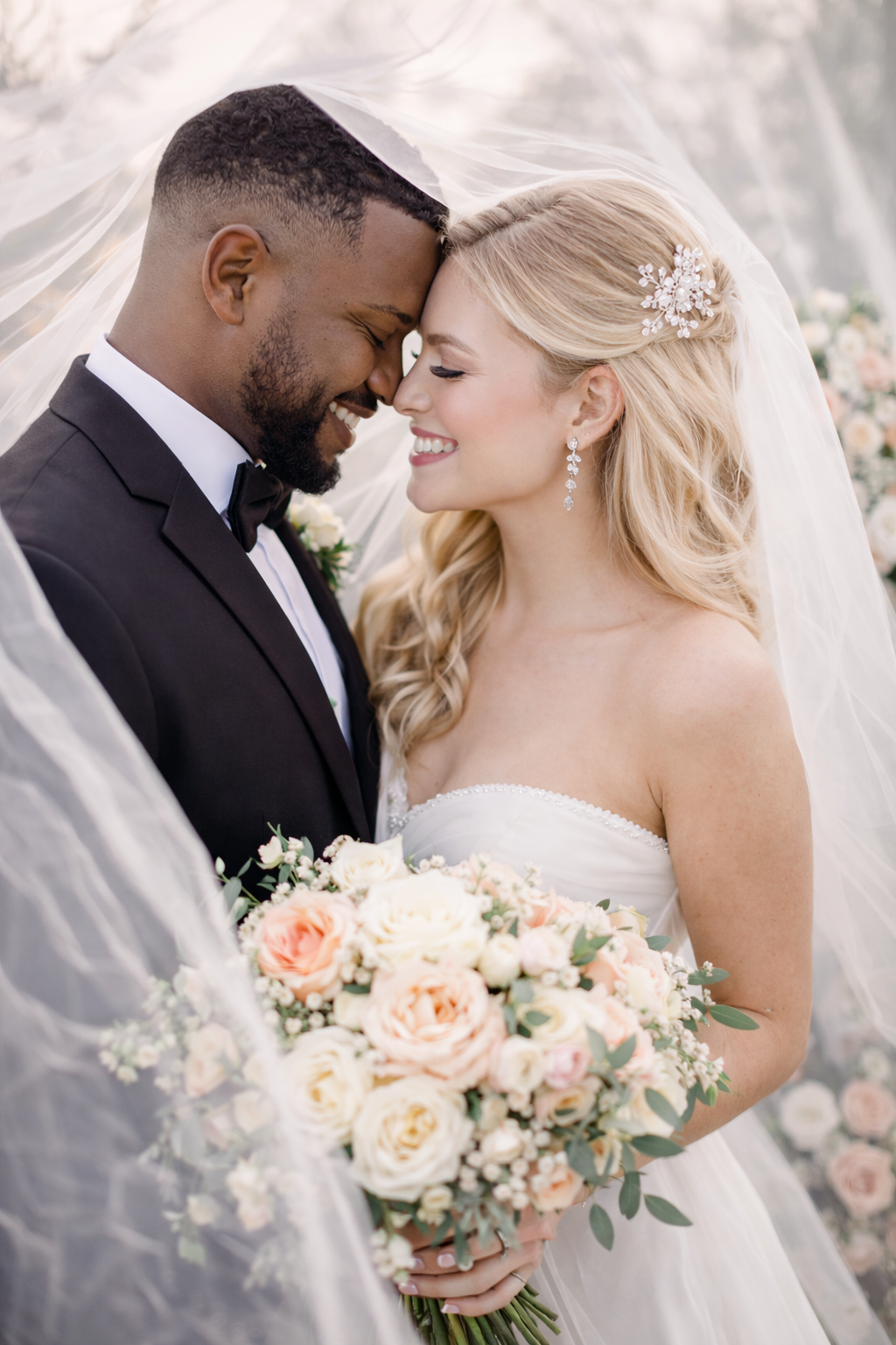 A romantic wedding photo series showing tender moments between newlyweds with peach and cream floral bouquet details.