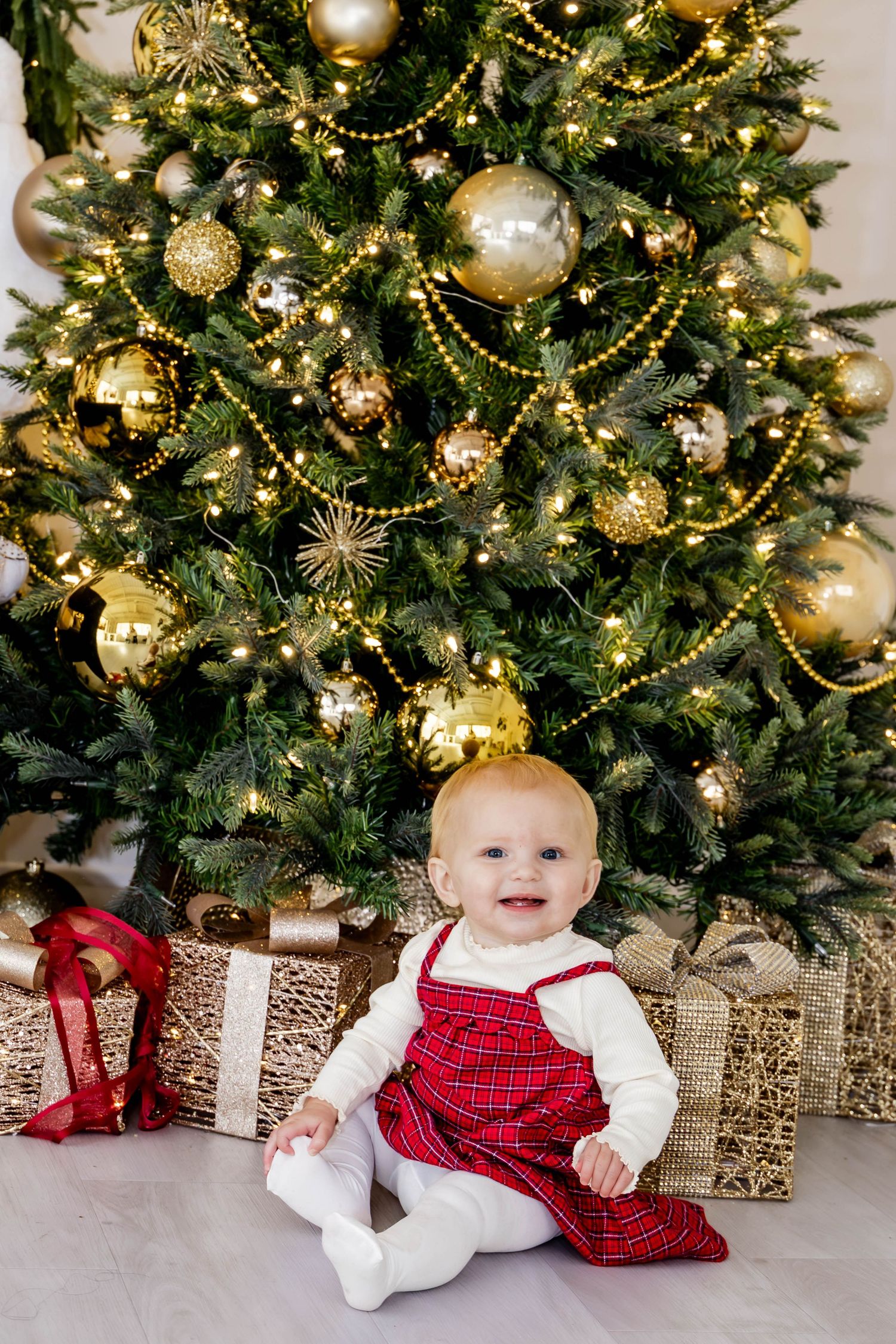 Decorated Christmas tree with gold ornaments and wrapped presents underneath.