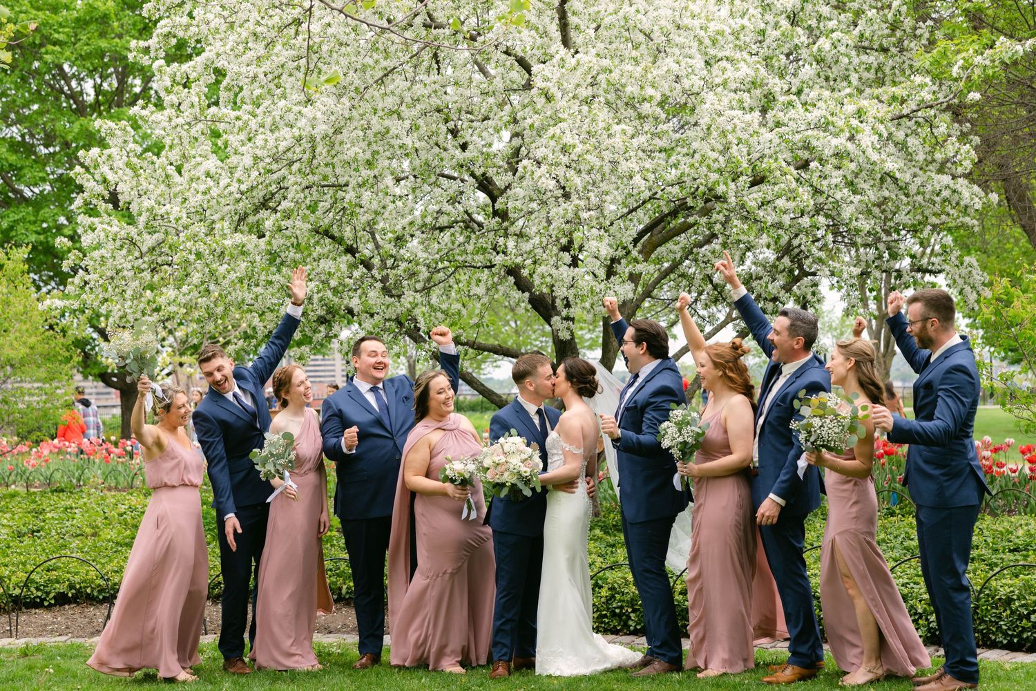 Wedding party celebrating under blooming white tree with bridesmaids in mauve and groomsmen in navy.
