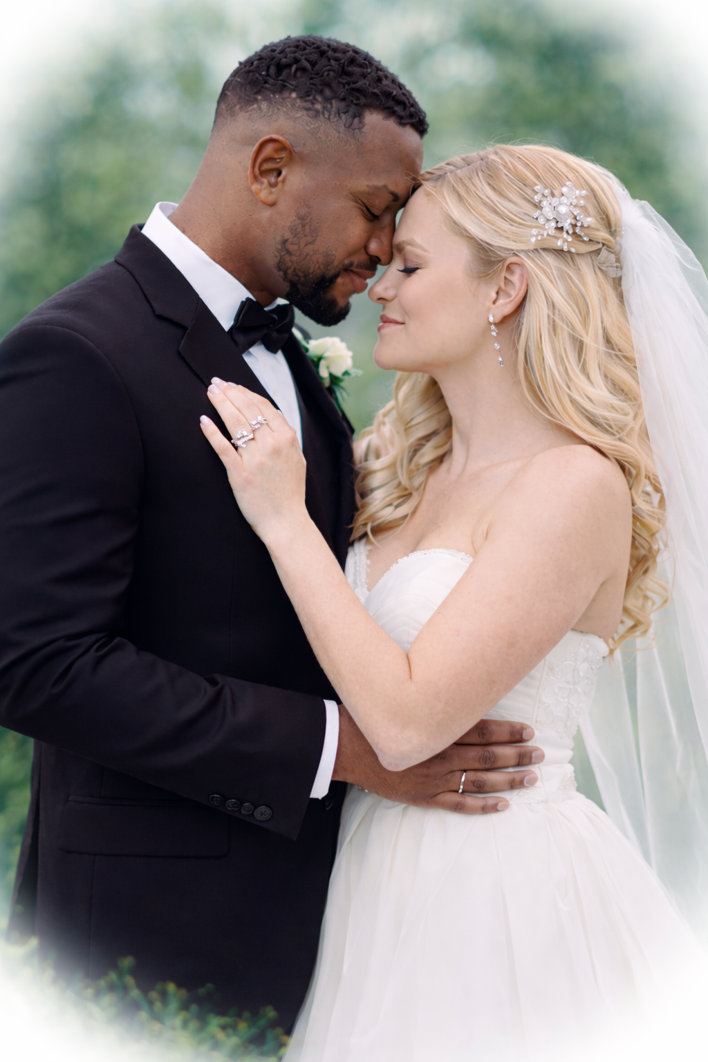A romantic wedding couple shares tender moments in a series of intimate portraits against a soft outdoor background.