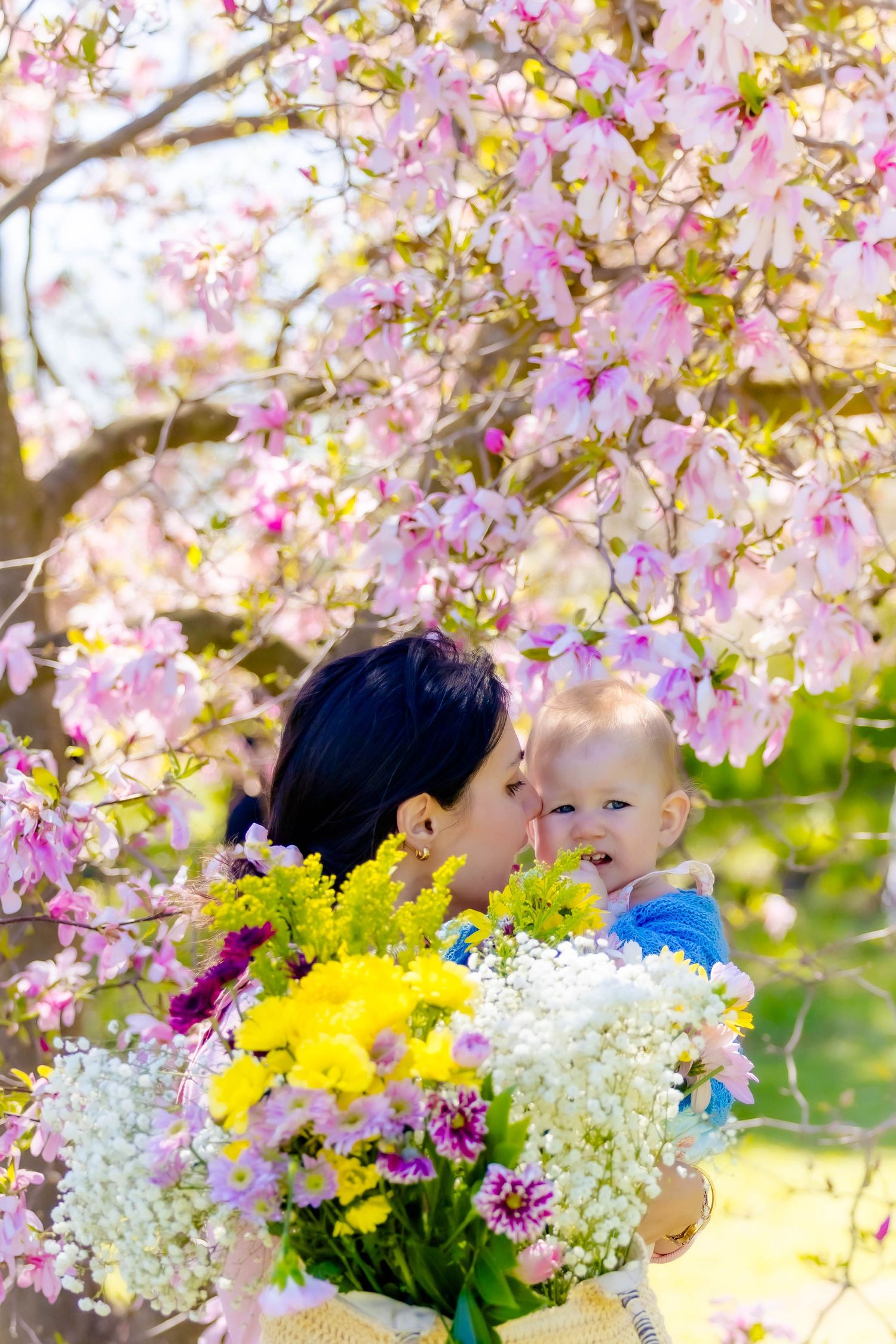 Cheerful spring scene with yellow flowers under pink cherry blossoms.