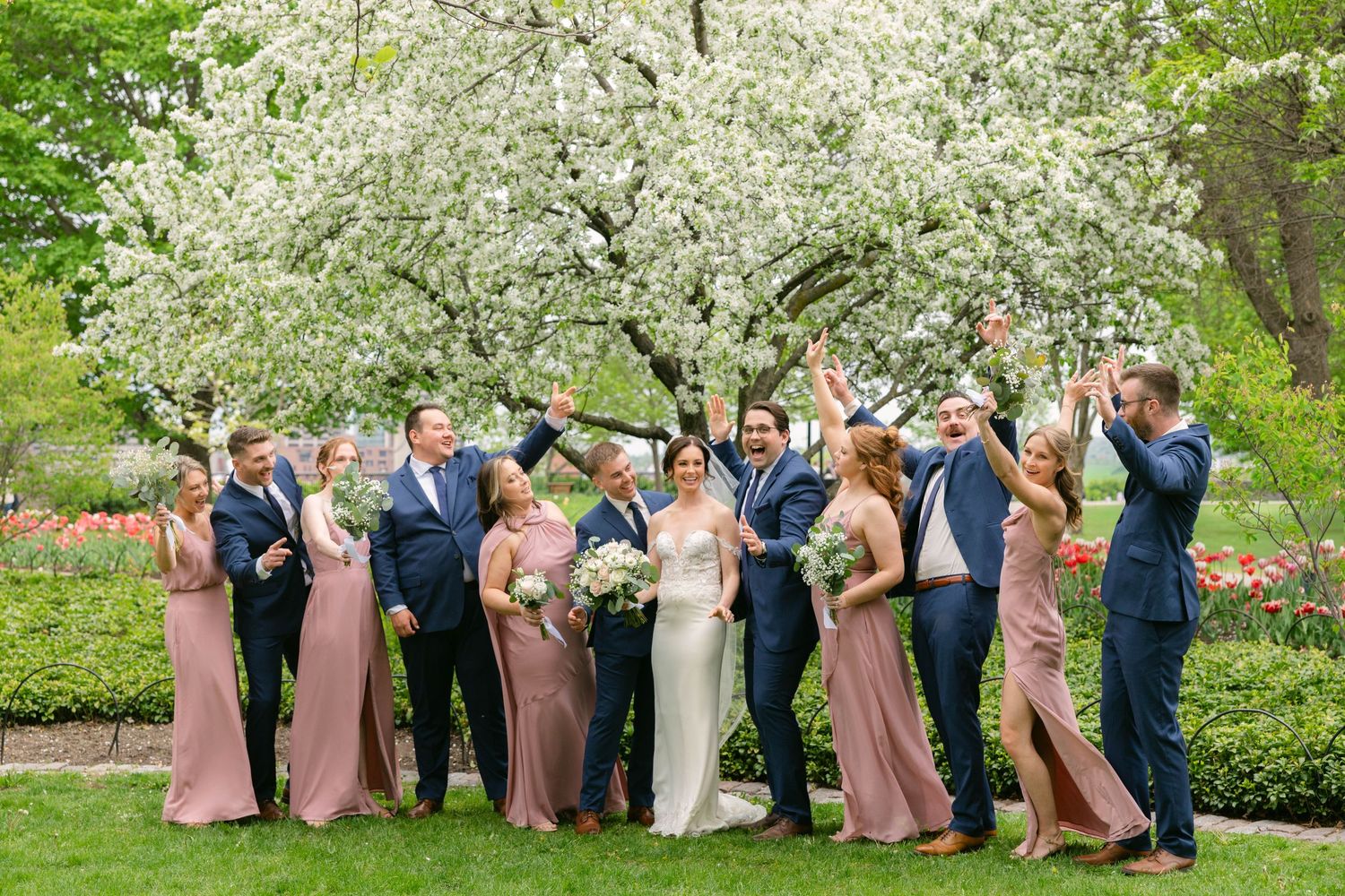 Wedding party celebrating under a blooming white tree, bridesmaids in mauve gowns and groomsmen in navy suits.