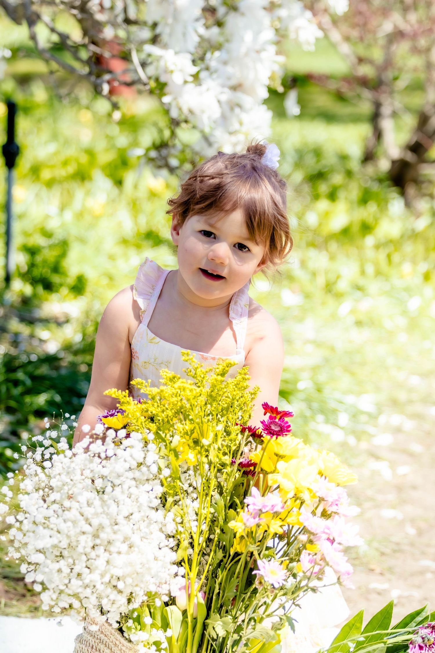 Child exploring bright yellow and white flowers in a sunny garden.