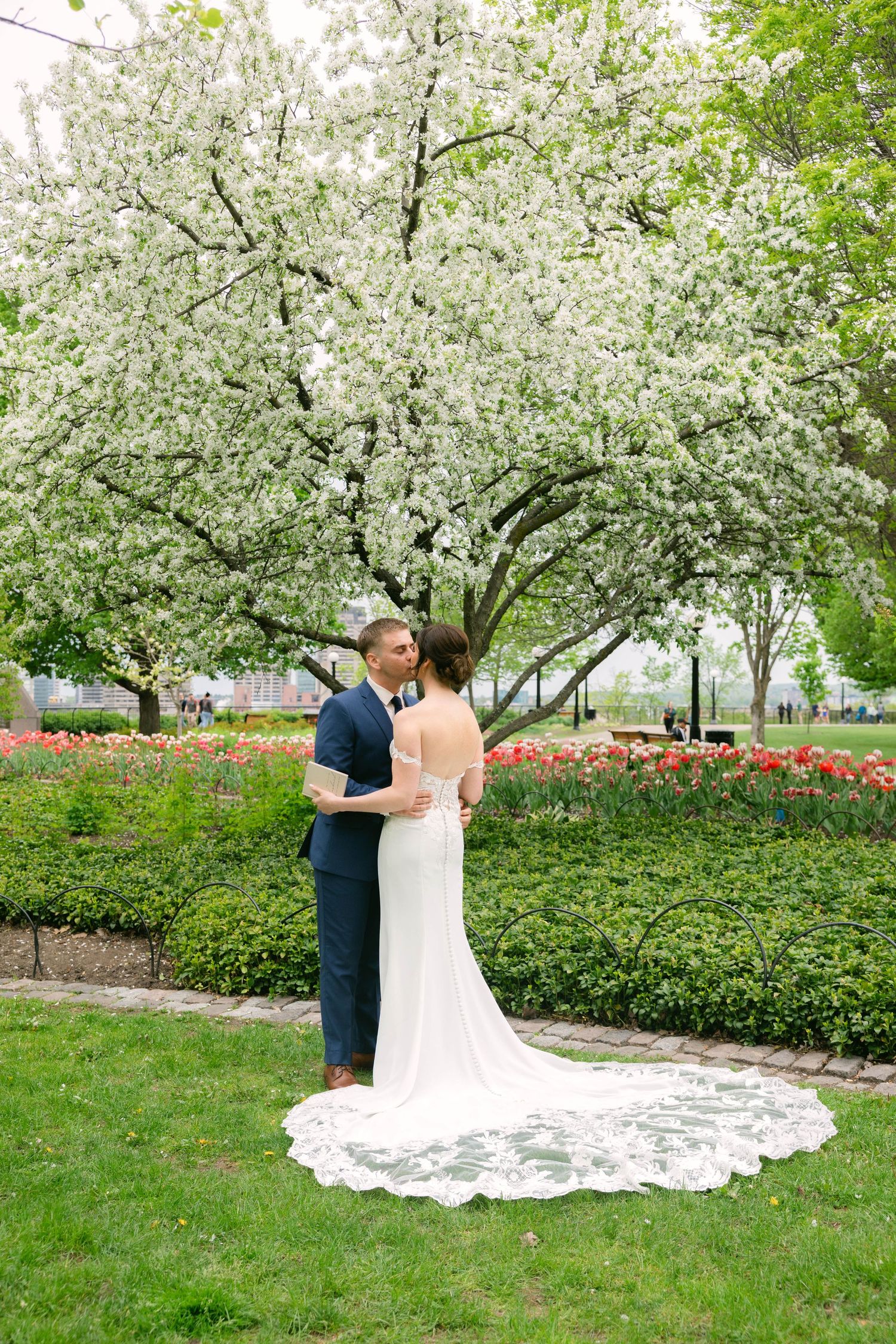 Bride and groom share a romantic moment under a blooming white cherry blossom tree in a lush garden setting.
