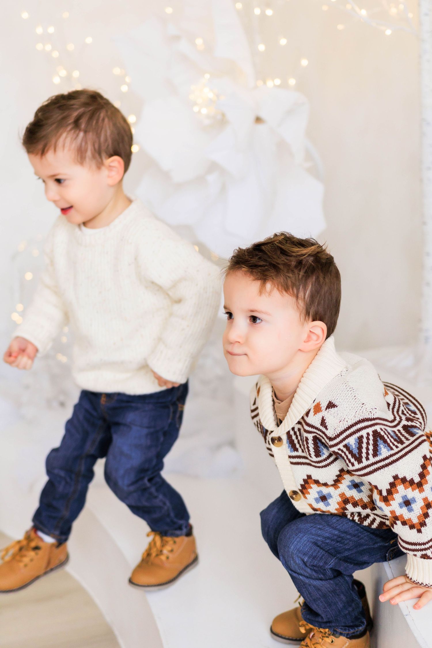 Multiple angles of winter photo session featuring Fair Isle sweater and holiday decorations.