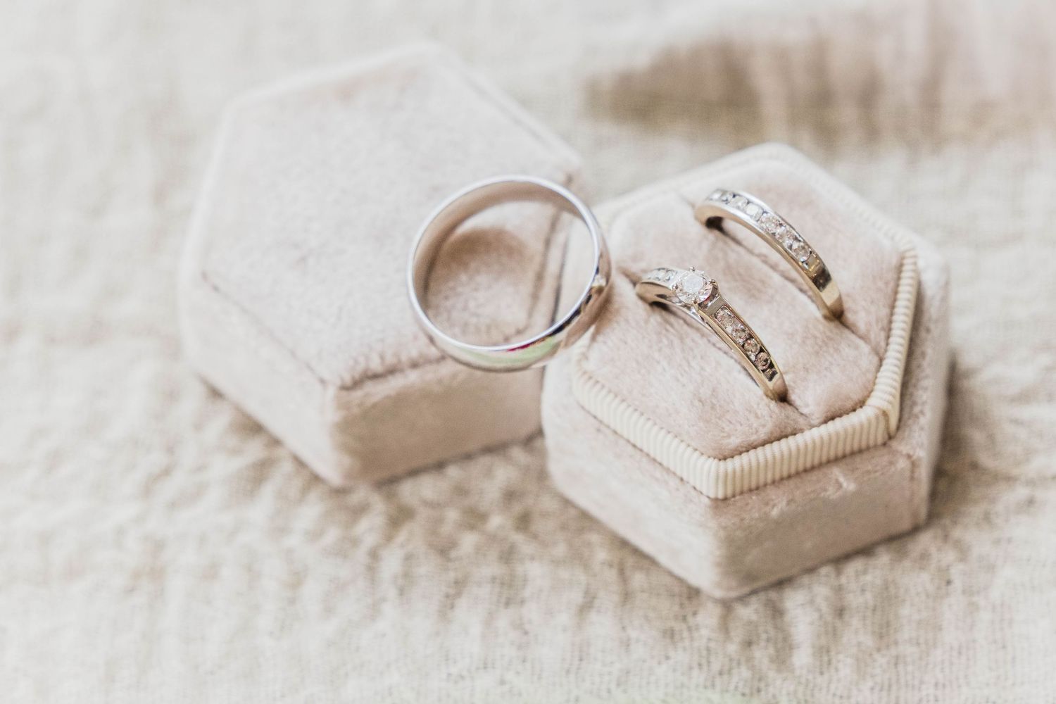 A collection of wedding rings and engagement rings arranged artistically on a soft white textured surface.