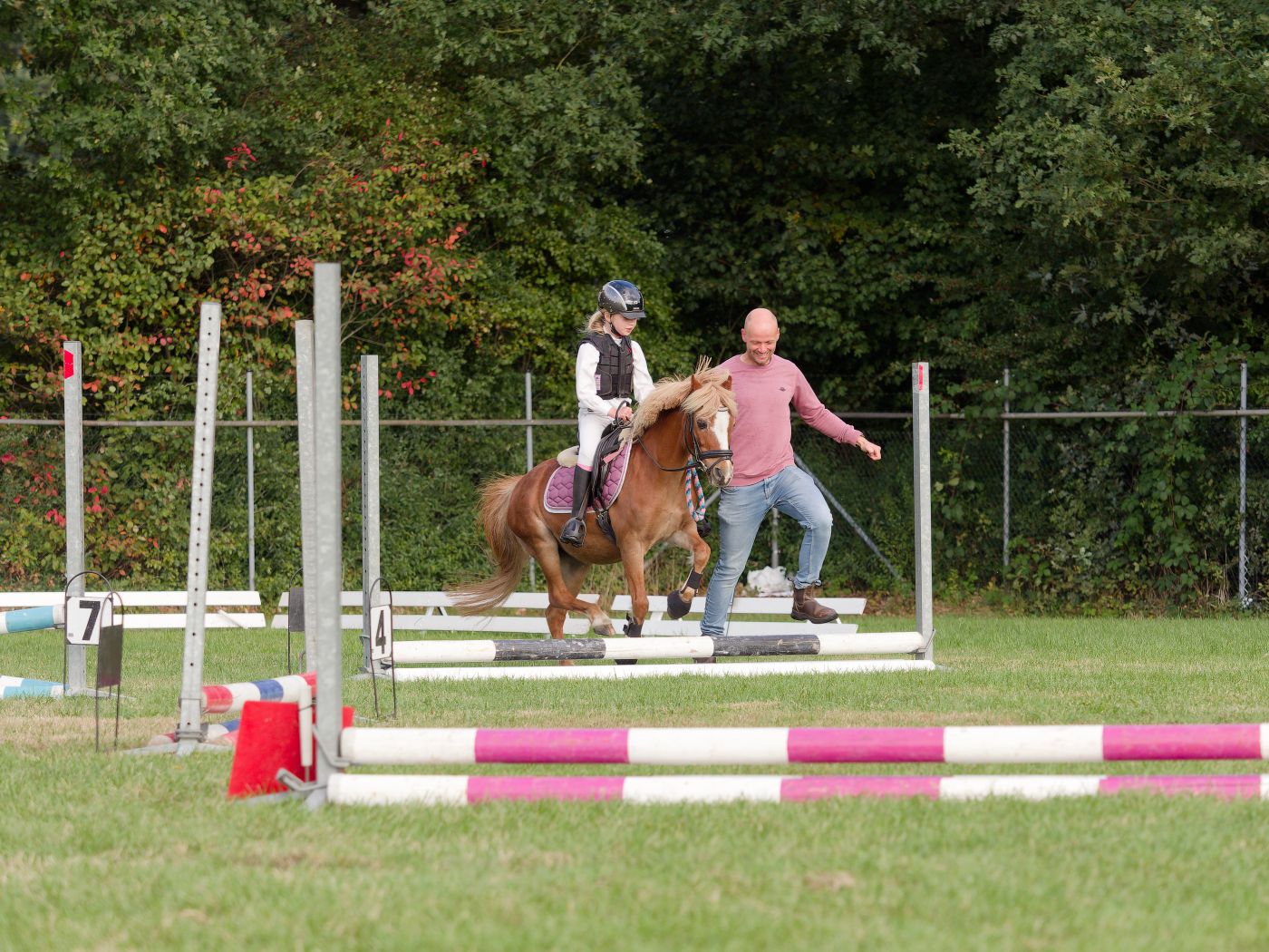 Horse and rider approaching a pink and white jump obstacle on a sunny day at an equestrian course.