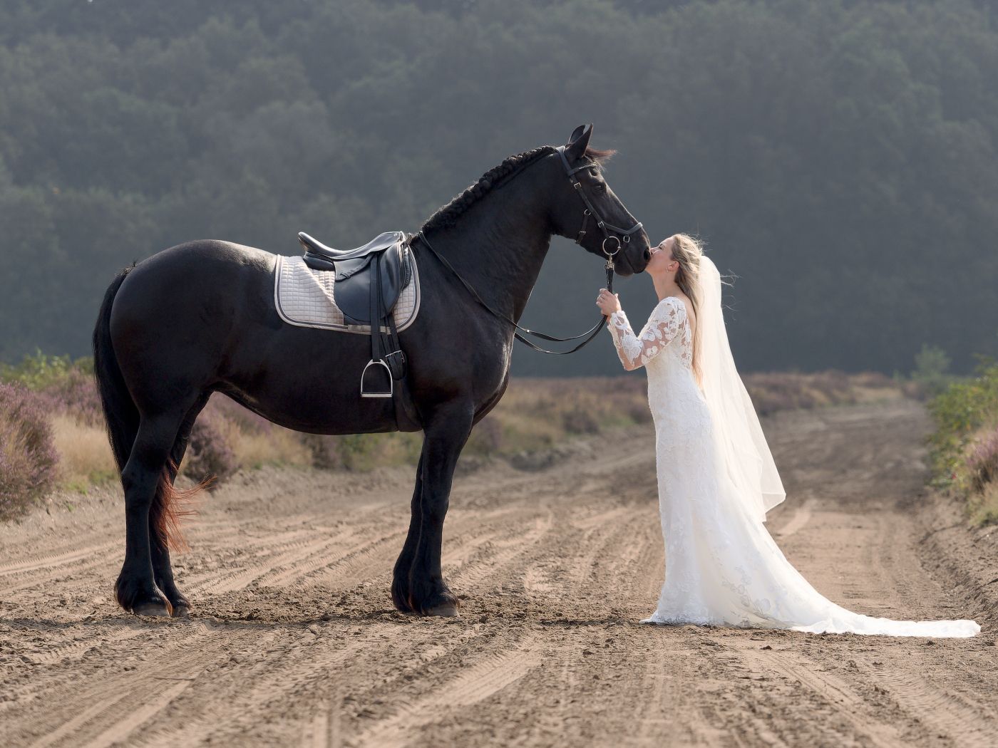 Bride in white wedding gown standing beside a black horse with saddle on a sandy dirt road with forest background.