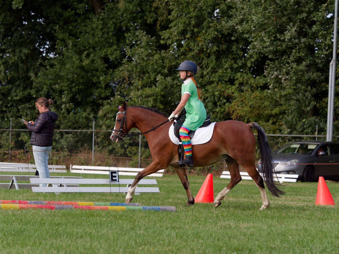 Horses and riders practice dressage movements on a grass field with orange markers.