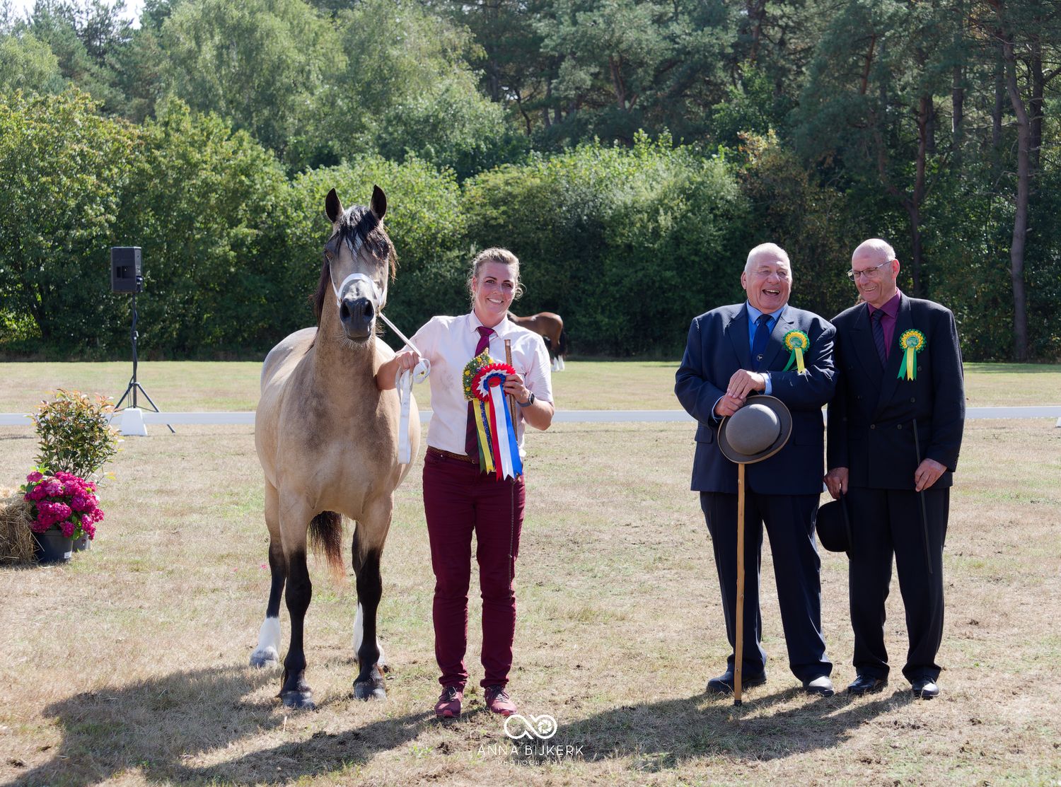 Three people proudly display rosettes beside a brown horse at an outdoor equestrian show competition.