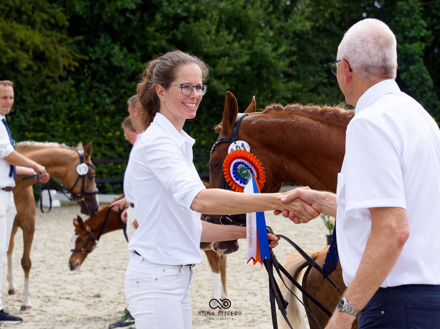 Horses and handlers in white attire participating in a formal equestrian show with award ribbons.