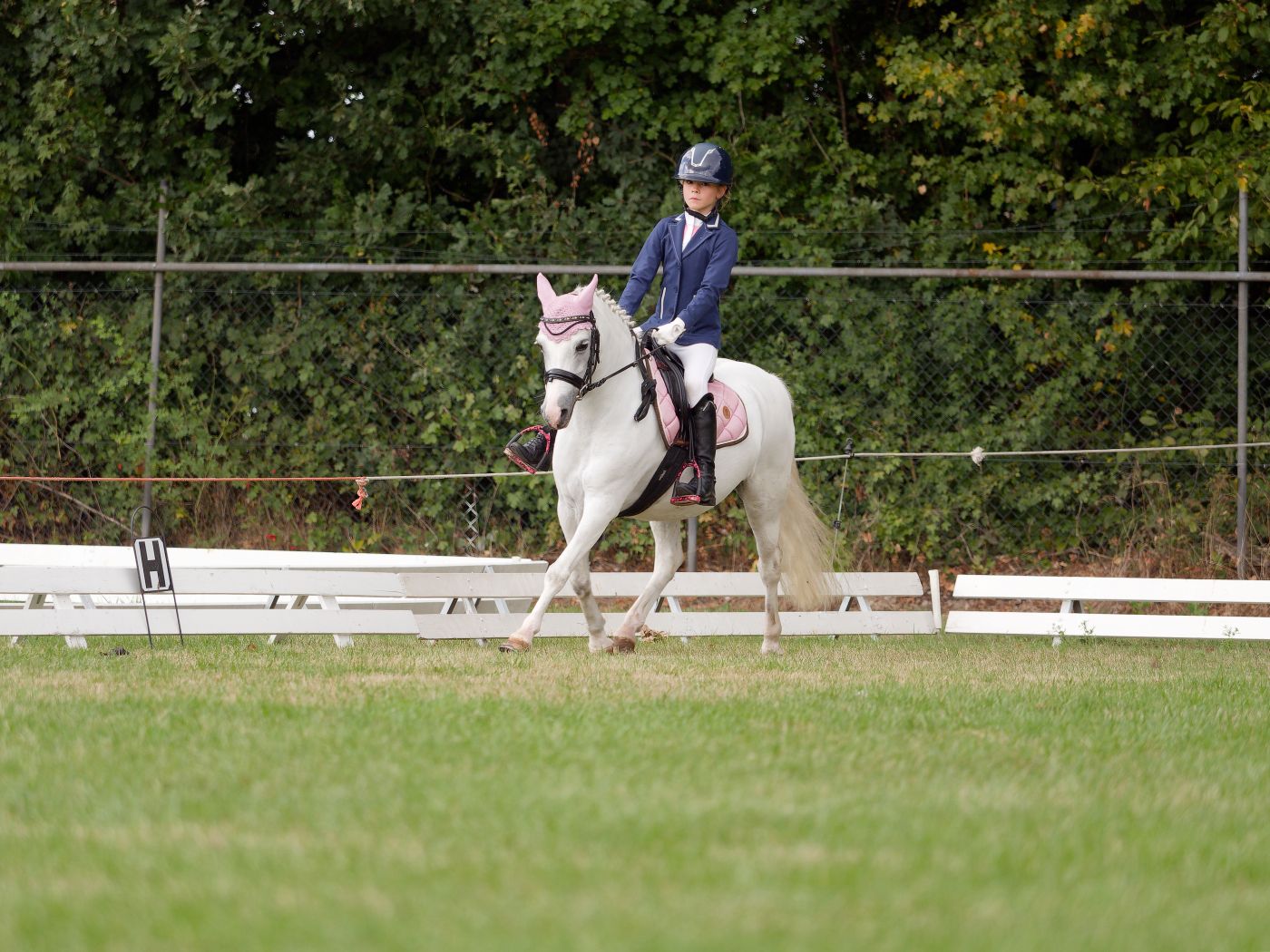 Equestrians guide their horses through a competition on a sunny day.