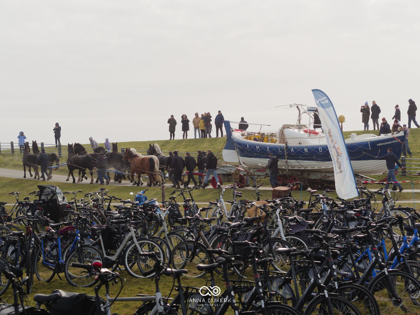 Large group of parked bicycles on grass with people gathered near an inflatable arch at an outdoor event.