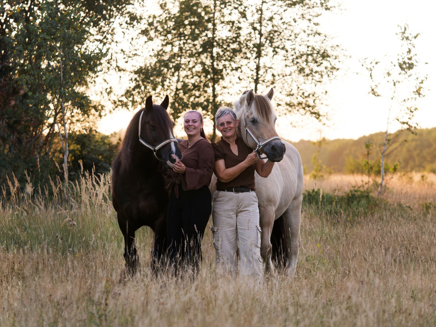 Two horses, one black and one white, stand together in a grassy field at sunset.