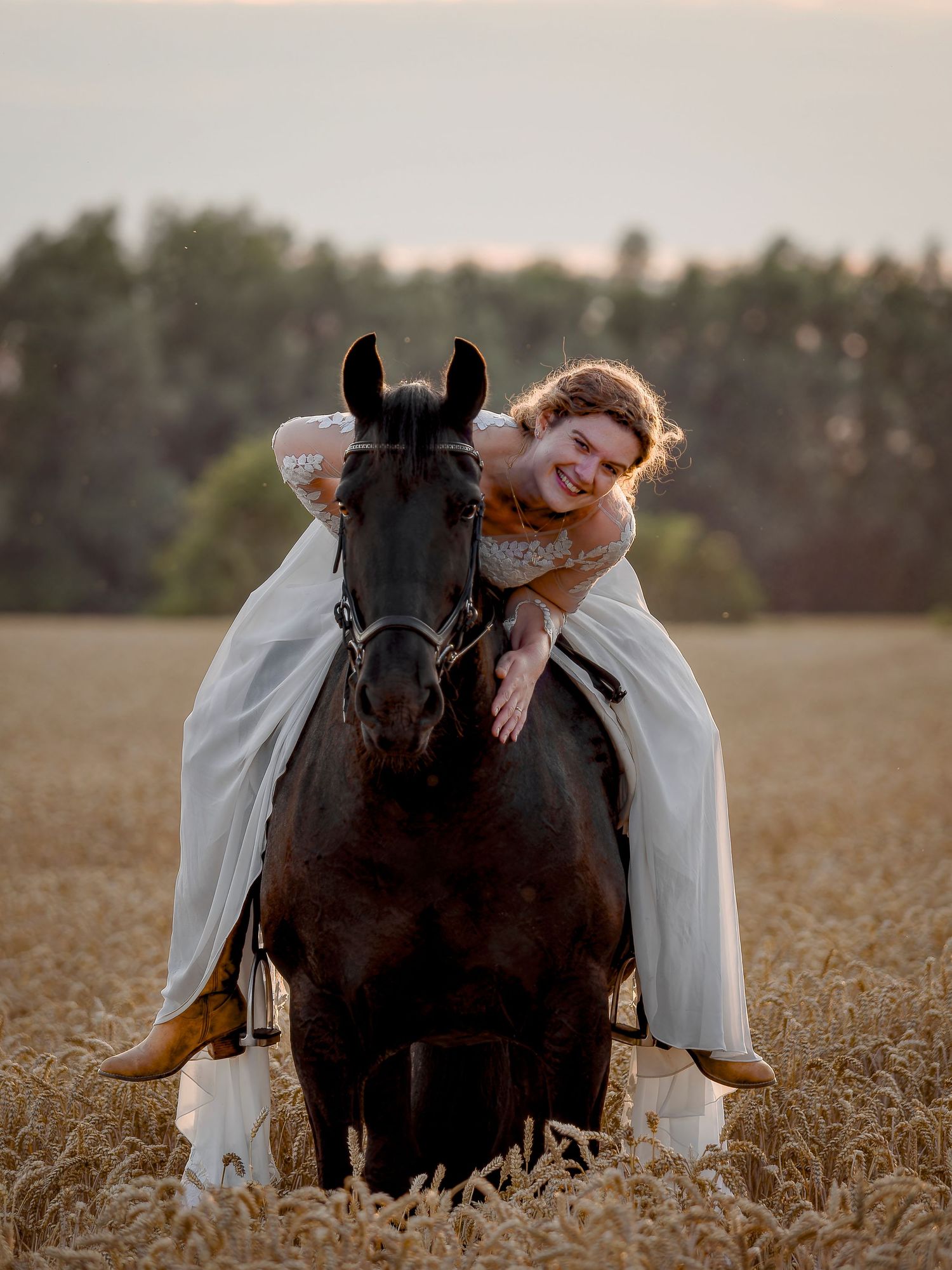 A smiling bride in a white gown leans forward on a dark horse riding through a golden wheat field at sunset.