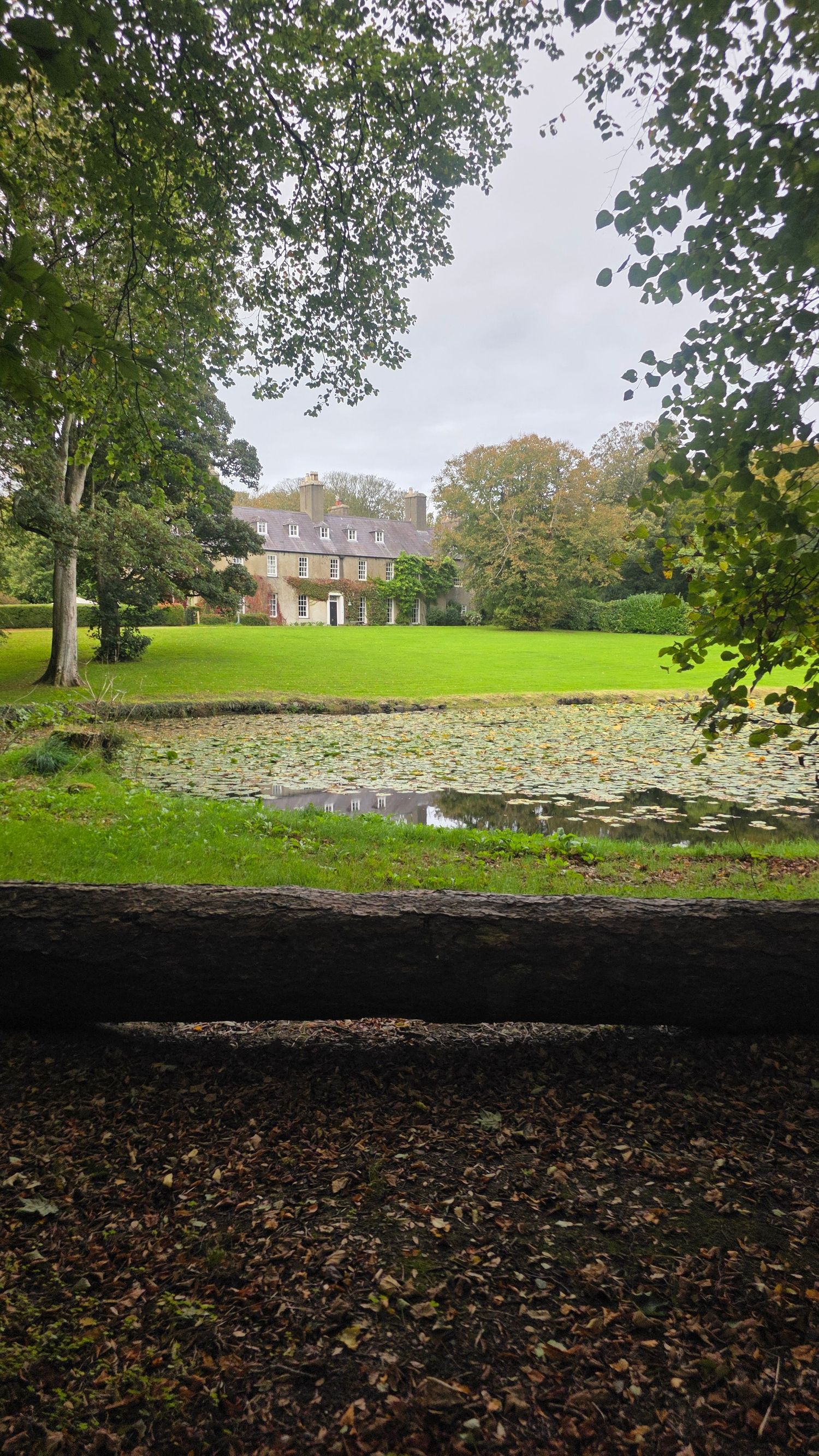 Stone manor house with lush green lawn and a lily pad pond, framed by mature trees and autumn leaves on the ground.