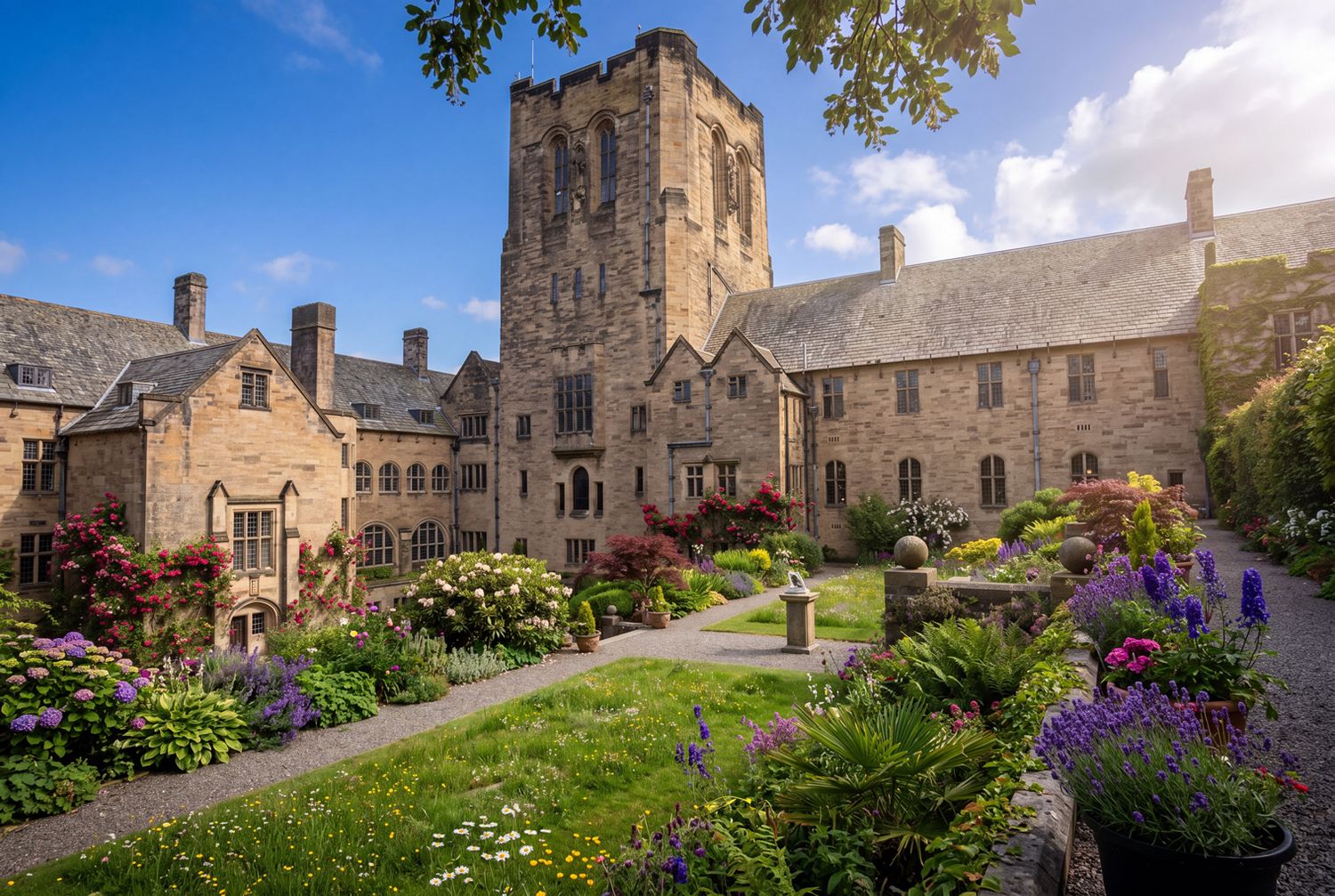 Historic stone castle with colorful garden featuring purple lavender and pink roses under a bright blue sky.