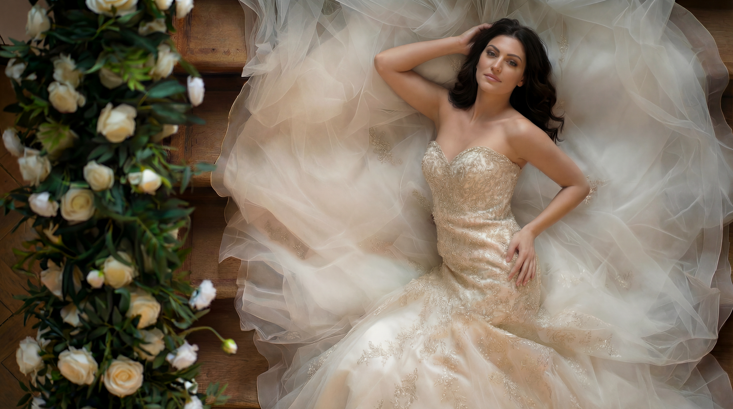 A bride in a flowing white wedding gown poses elegantly among floral decorations and soft lighting.