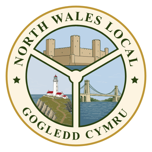 North Wales Local Gogledd Cymru circular emblem featuring Caernarfon Castle, a lighthouse, and Menai Bridge illustrations.