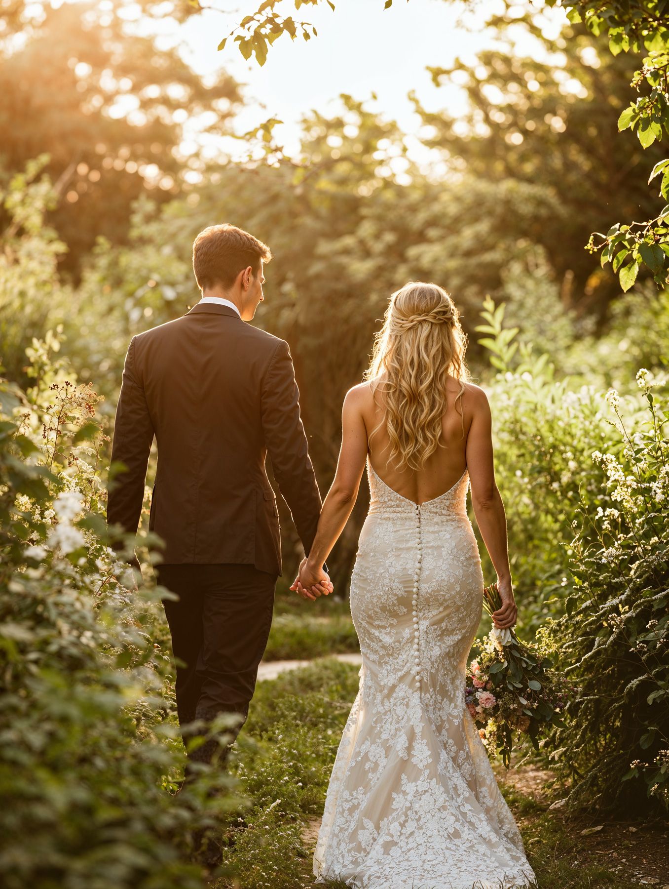 A bride and groom walk hand-in-hand through a lush garden path at golden hour, she in a lace gown, he in a black suit.
