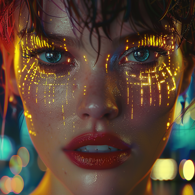 Artistic beauty portrait with glowing golden tears and vibrant makeup.