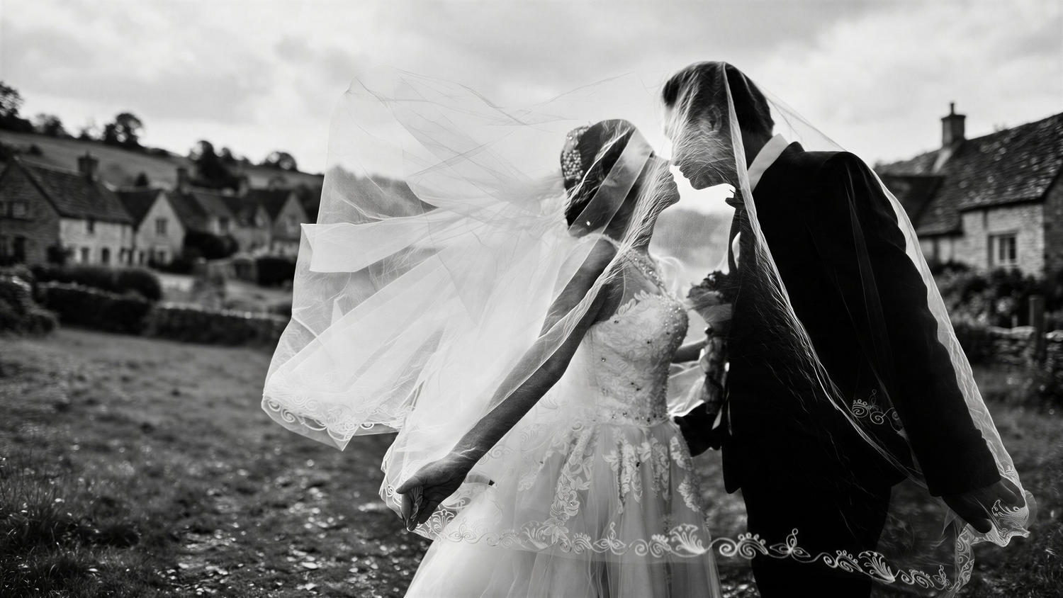 Black and white wedding photo of bride and groom kissing as veil blows in wind near rustic stone buildings. Romantic country house wedding