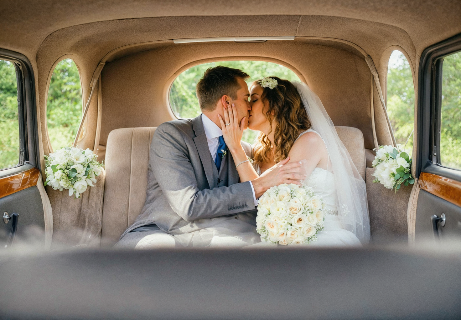 Interior view of vintage car with wedding couple during their special day.
